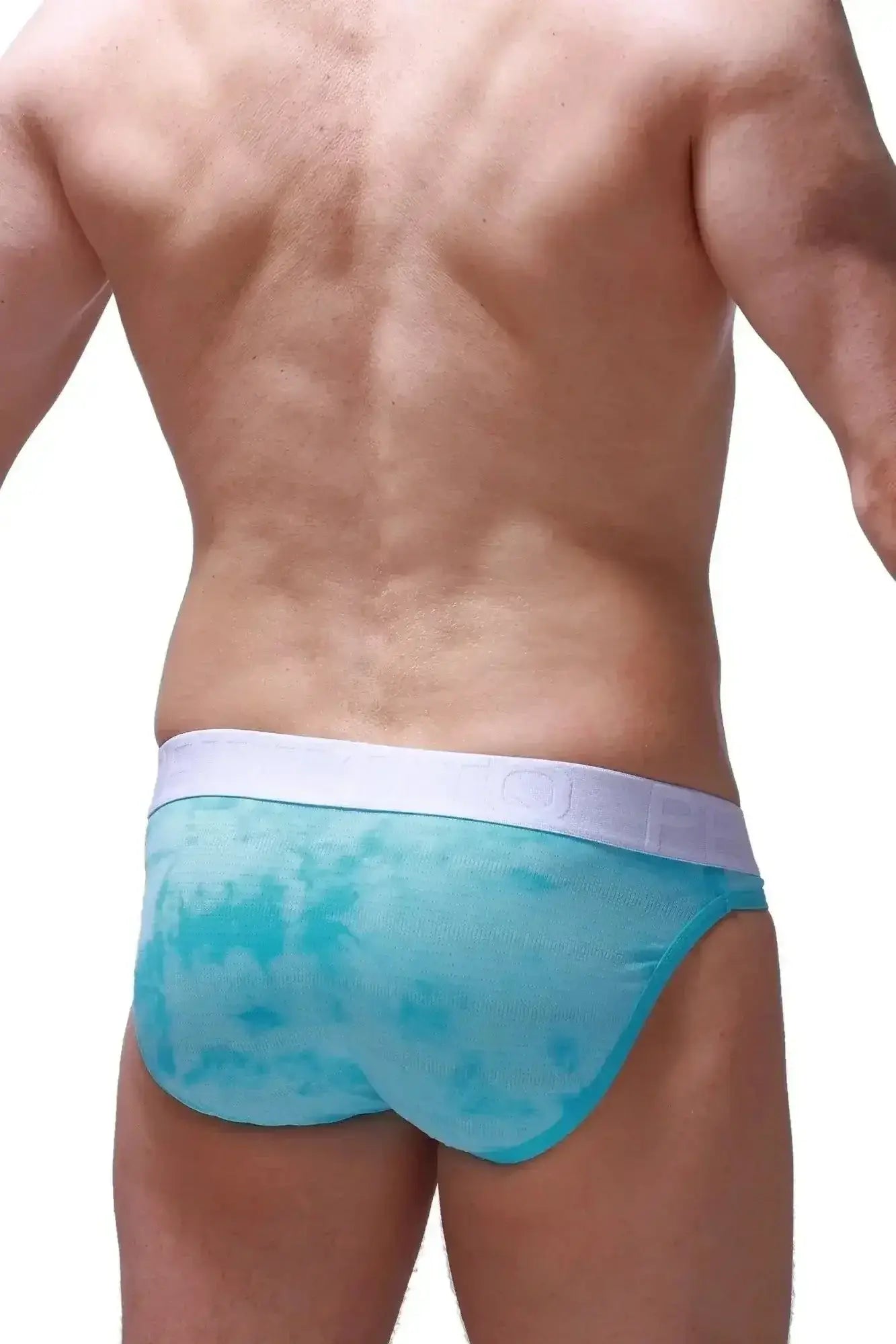 Petitq brief open marbre green turquoise tie-dye mesh briefs with white elastic waistband