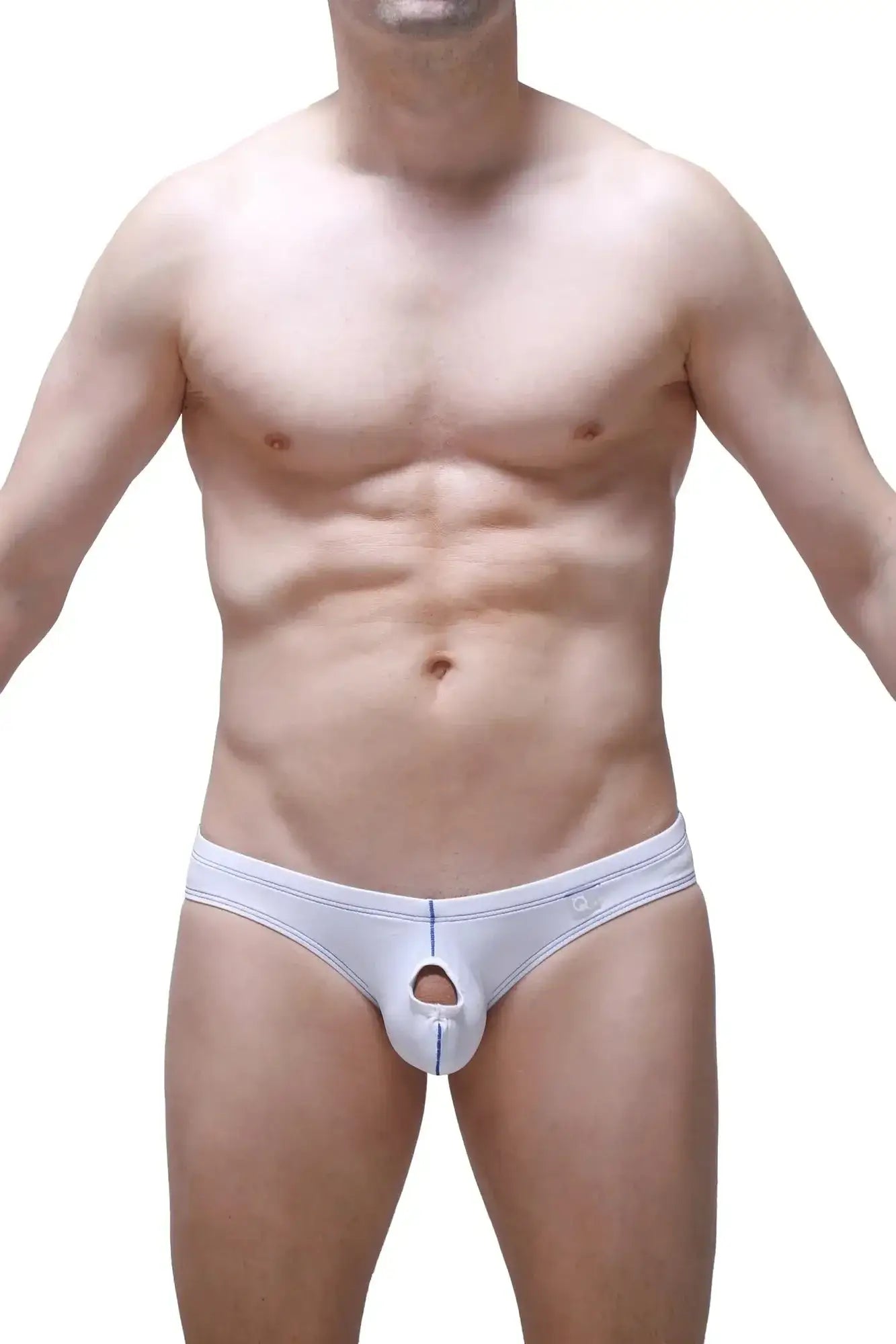 White men’s PetitQ brief open Miarel with central cutout and blue stitching details in soft fabric