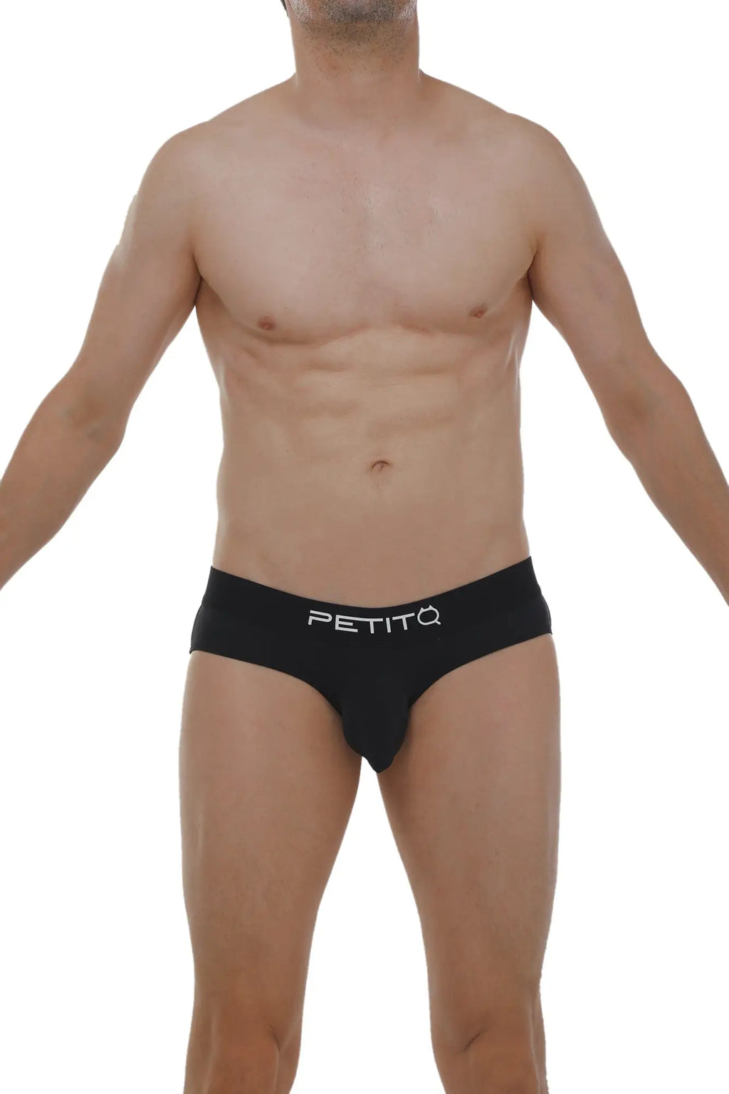Black PetitQ brief with sleek form-fitting design and white logo on waistband for comfortable everyday wear