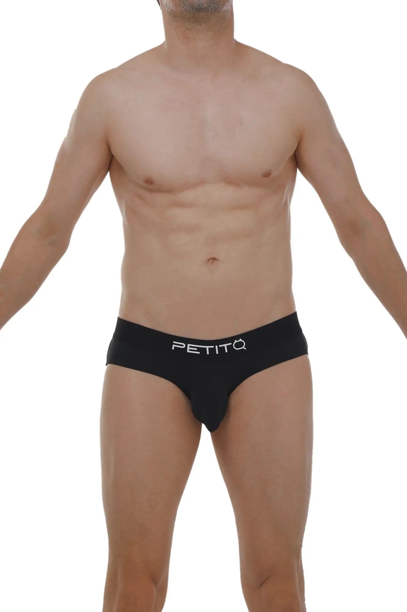 Black PetitQ brief with sleek form-fitting design and white logo on waistband for comfortable everyday wear