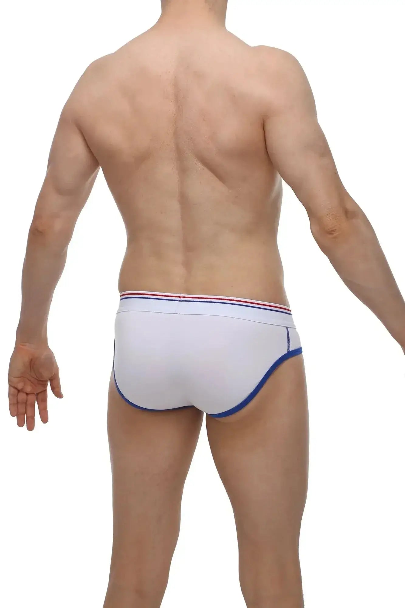 PetitQ brief paliz white features white briefs with blue trim and a red white and blue striped waistband