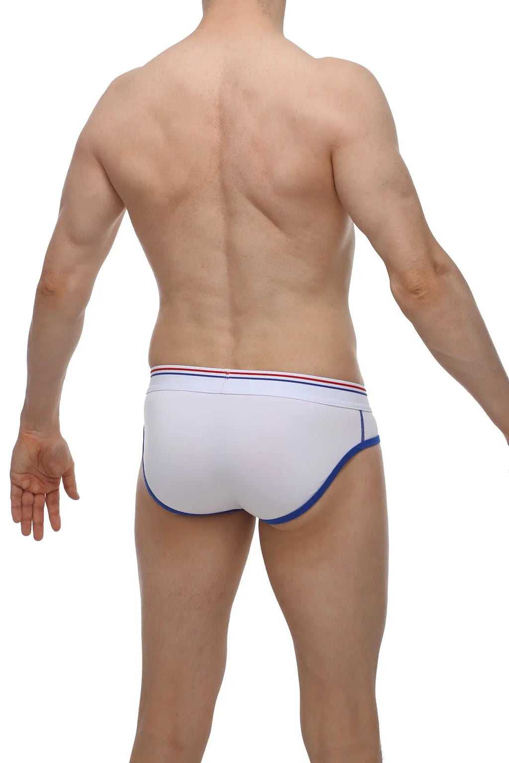 PetitQ brief paliz white features white briefs with blue trim and a red white and blue striped waistband