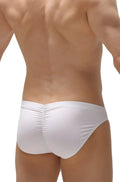 White petitq brief peraut swim trunks with form-fitting fit and ruched back design shown from the back side