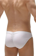 White petitq brief peraut swim trunks with form-fitting fit and ruched back design shown from the back side