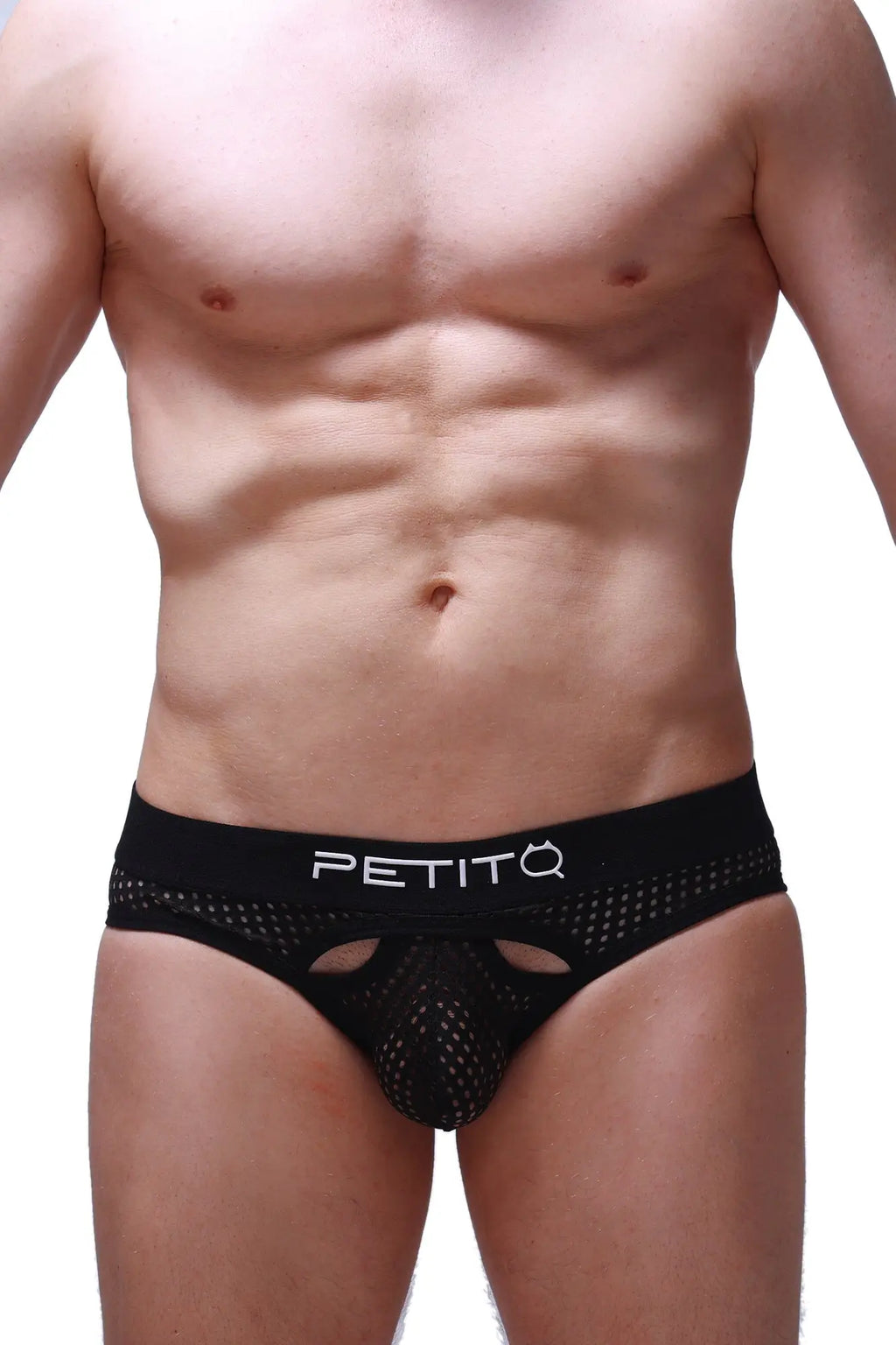 Black mesh briefs with white petitq logo on waistband from PetitQ Brief Pluven Durtol Black product line