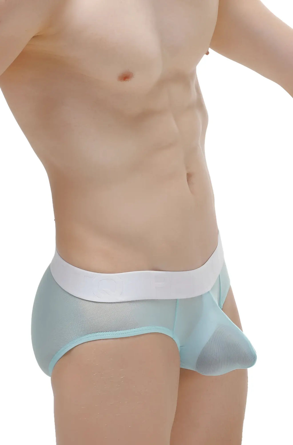 Petitq brief protruder detachable net teal light blue sheer mesh briefs with white elastic waistband front view