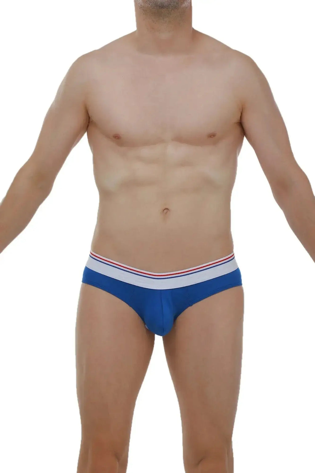 PetitQ brief protruder modal blue men’s briefs in blue with white waistband and thin red and blue stripes