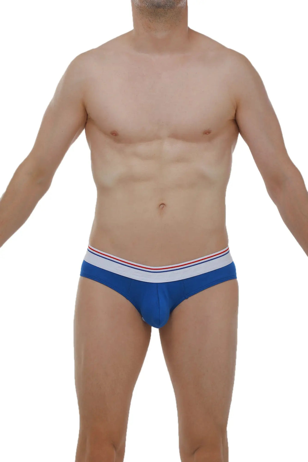 PetitQ brief protruder modal blue men’s briefs in blue with white waistband and thin red and blue stripes
