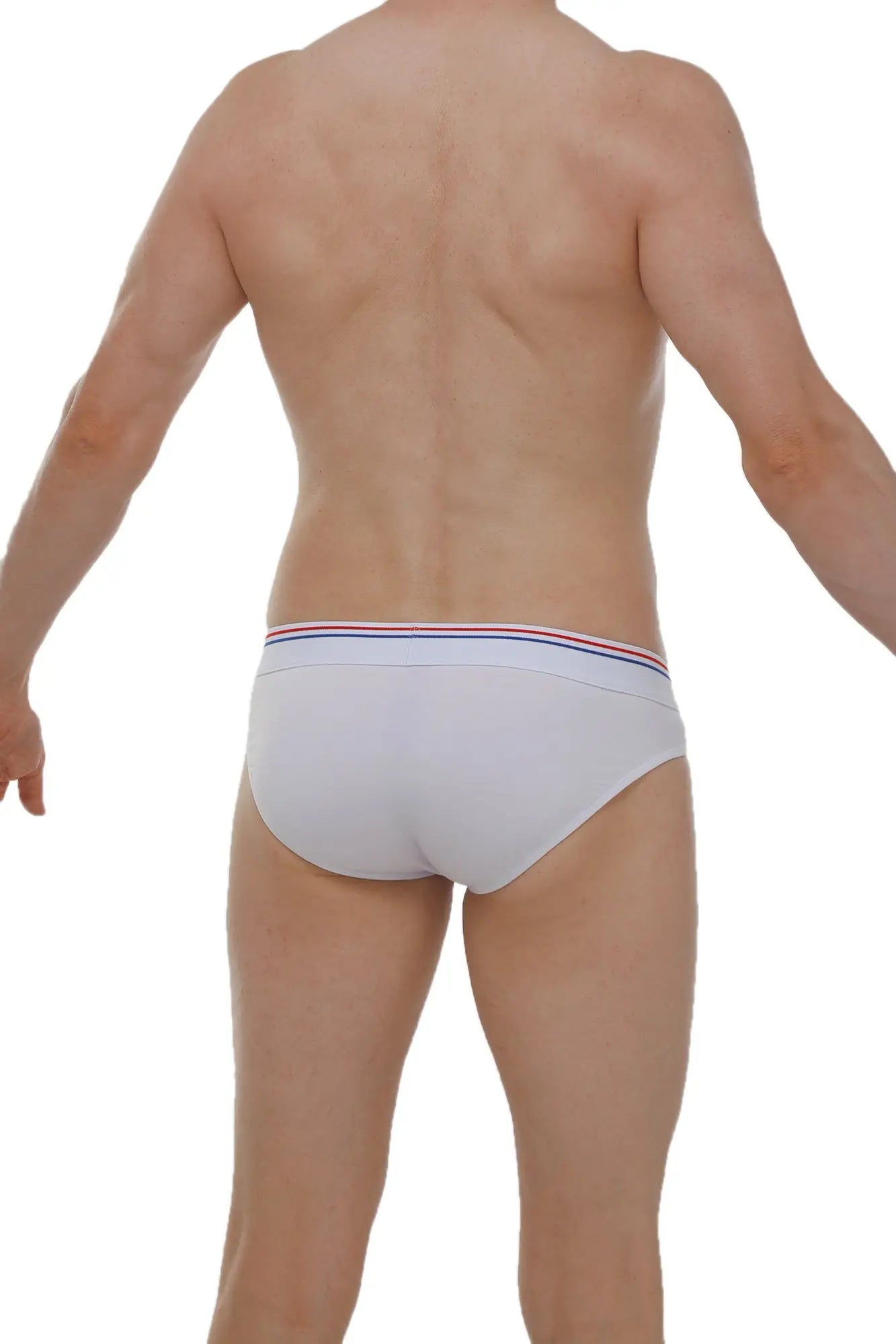White petitq brief protruder modal with red white and blue striped waistband in front view
