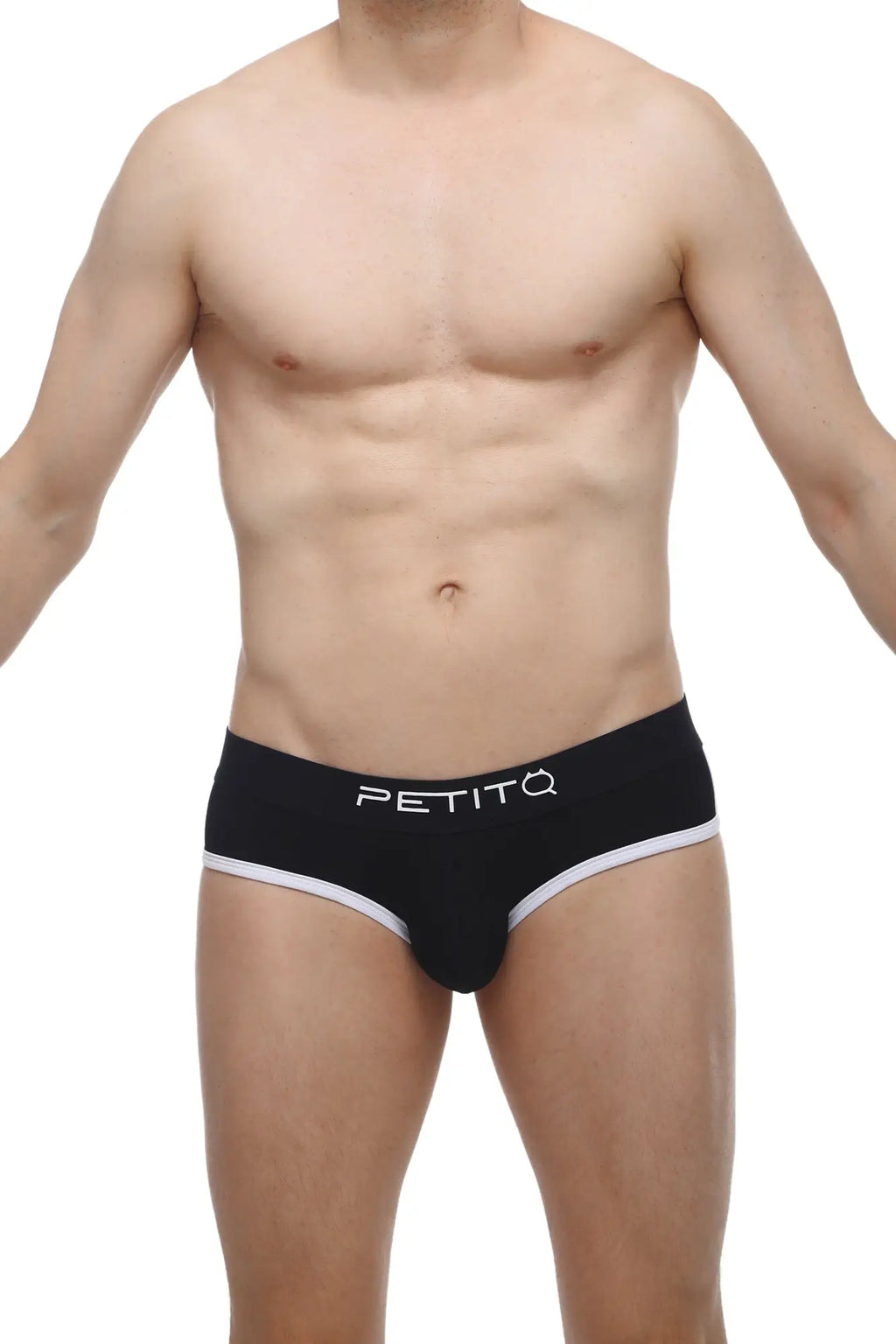 Black petitq briefs with white trim and logo made from retro modal fabric for comfortable everyday wear