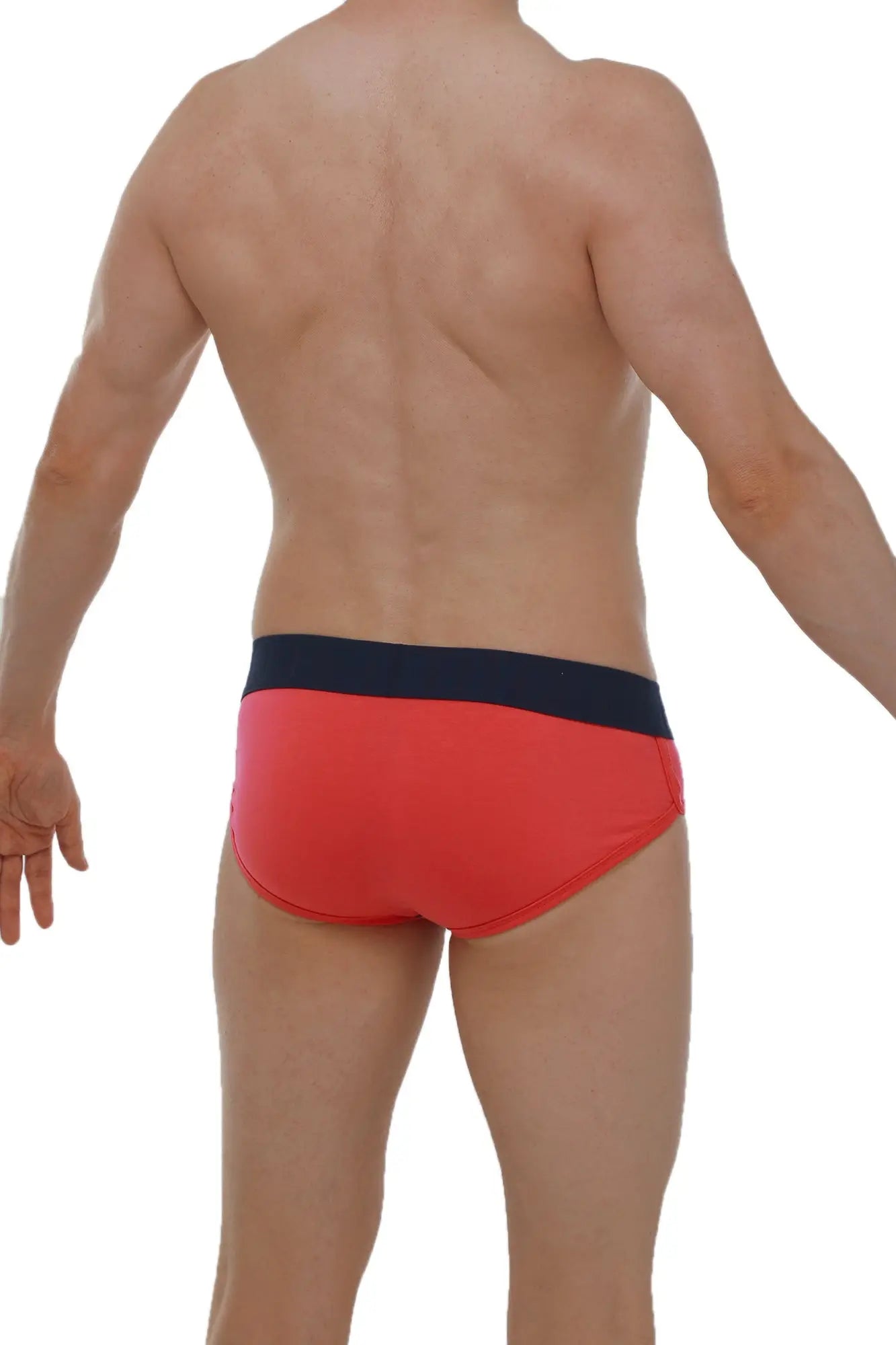Red briefs with a navy blue waistband made from retro modal fabric in fuchsia by petitq