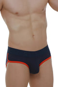 PetitQ brief retro modal navy blue briefs with bold orange trim along sides and waistband