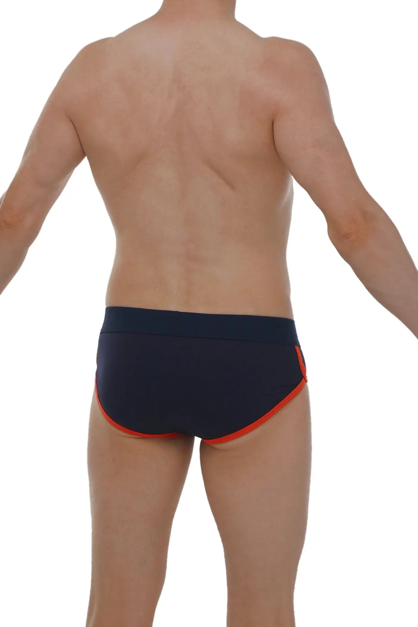 Navy blue PetitQ brief retro modal swim trunks with orange trim made from soft modal fabric for comfortable wear