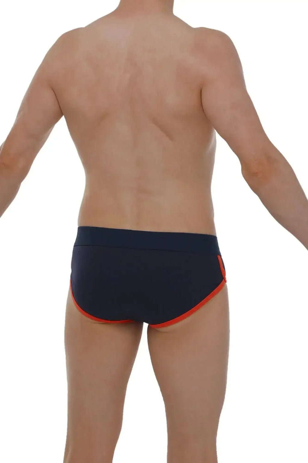 Navy blue PetitQ brief retro modal swim trunks with orange trim made from soft modal fabric for comfortable wear