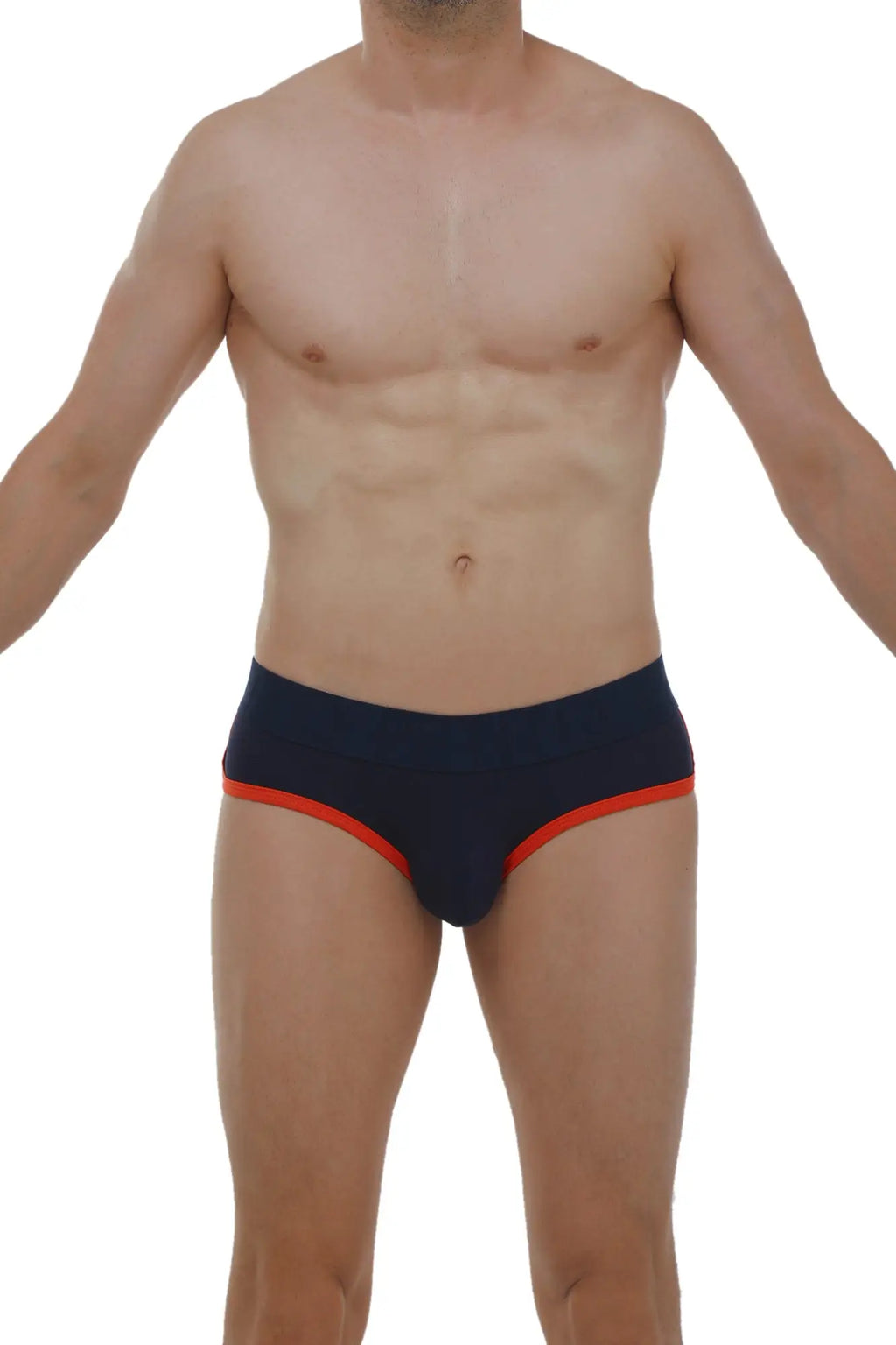 Navy blue PetitQ brief retro modal with vibrant orange trim on waistband and leg openings front view