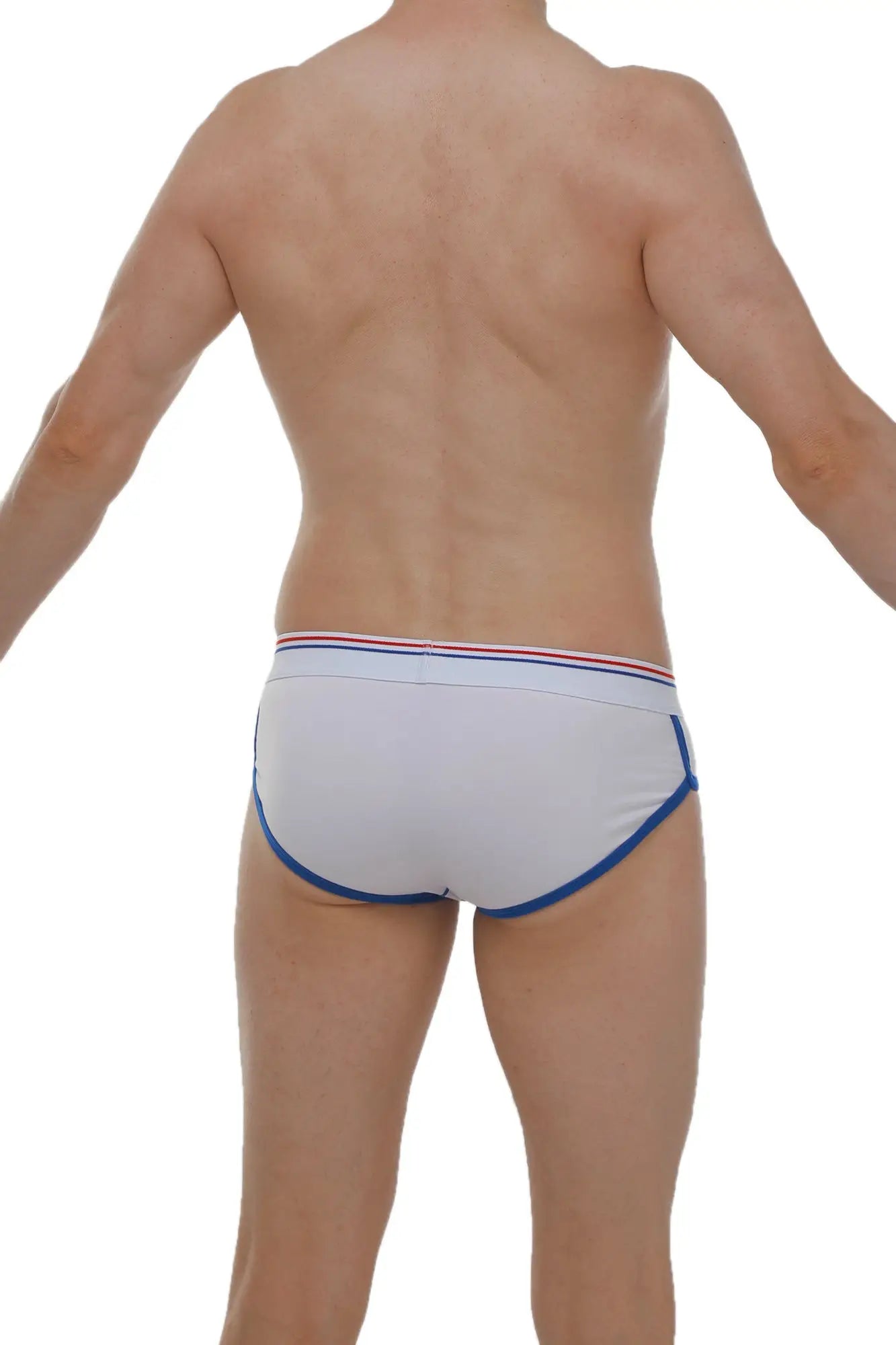 PetitQ brief retro modal white white briefs with blue trim and red white and blue striped waistband made from modal fabric