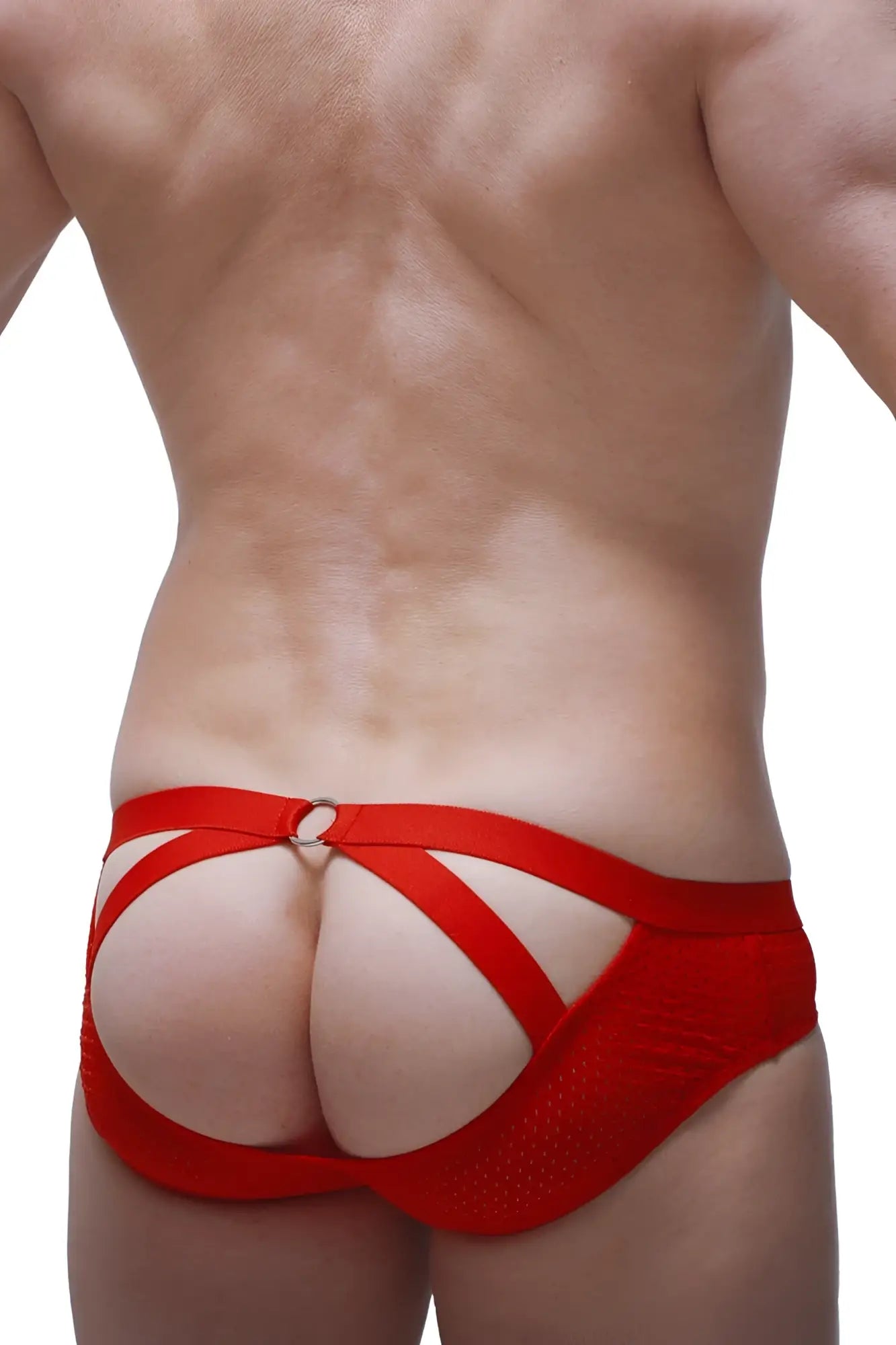 Petitq brief scaux bee red back side showing red mesh briefs with bold strappy design and central metal ring