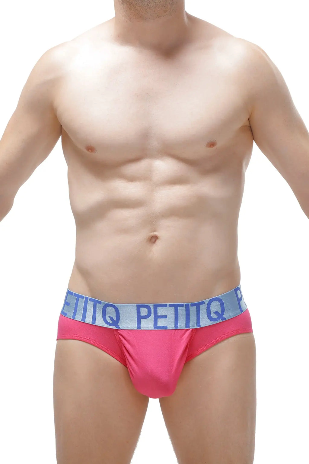 Bright pink petitq briefs with light blue elastic waistband featuring brand name in bold taik modal fuchsia fabric