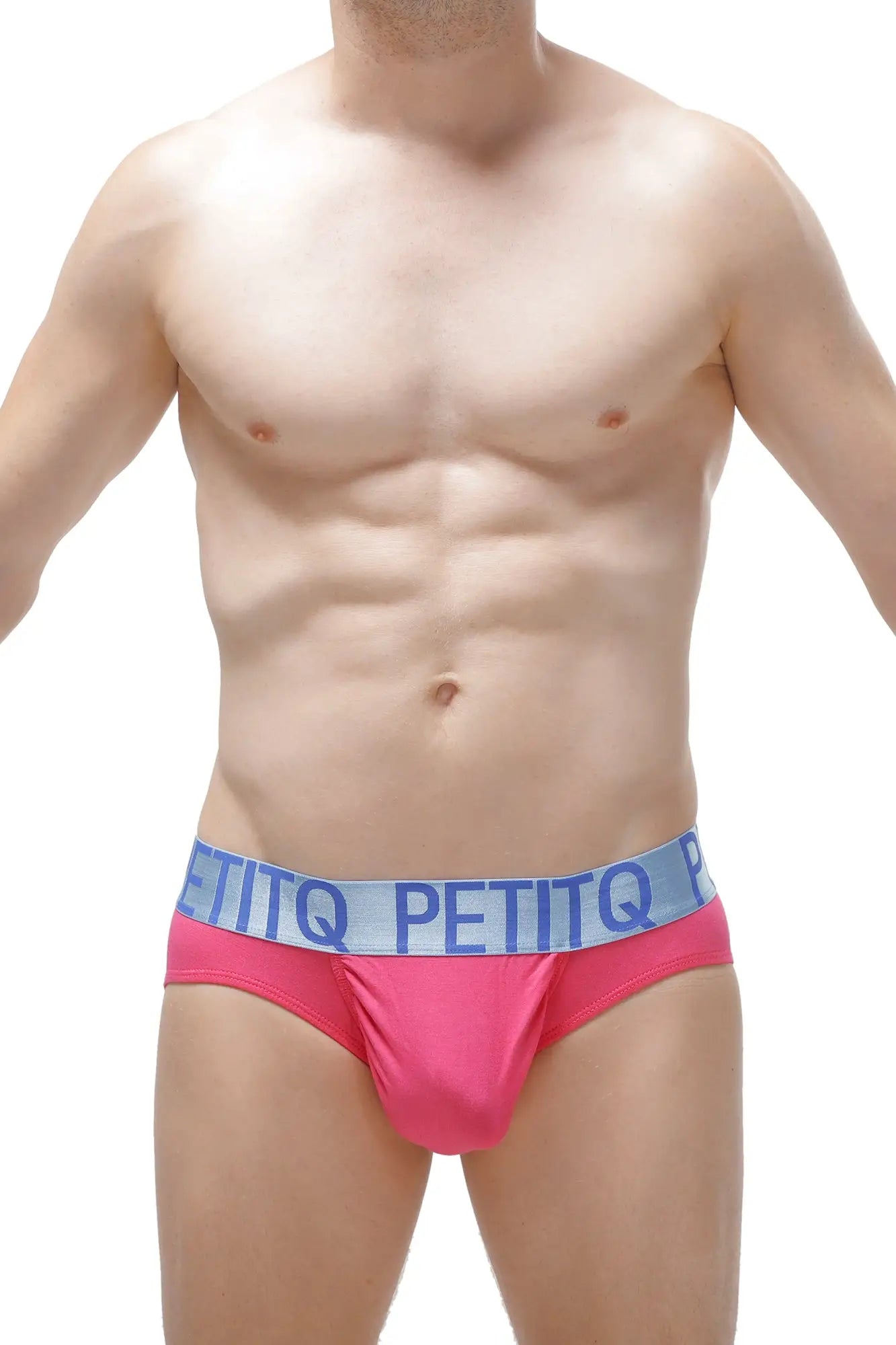 Bright pink petitq briefs with light blue elastic waistband featuring brand name in bold taik modal fuchsia fabric