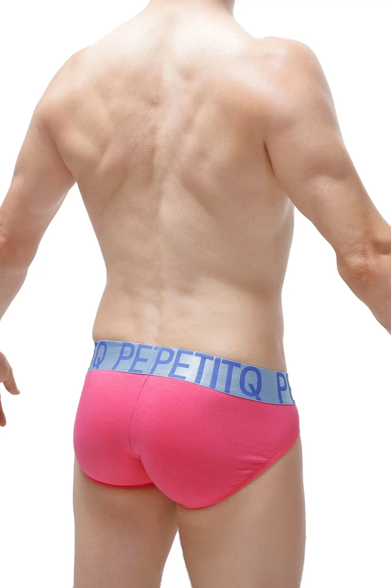 Bright pink petitq brief taik modal fuchsia with light blue elastic waistband and bold pepetitq branding