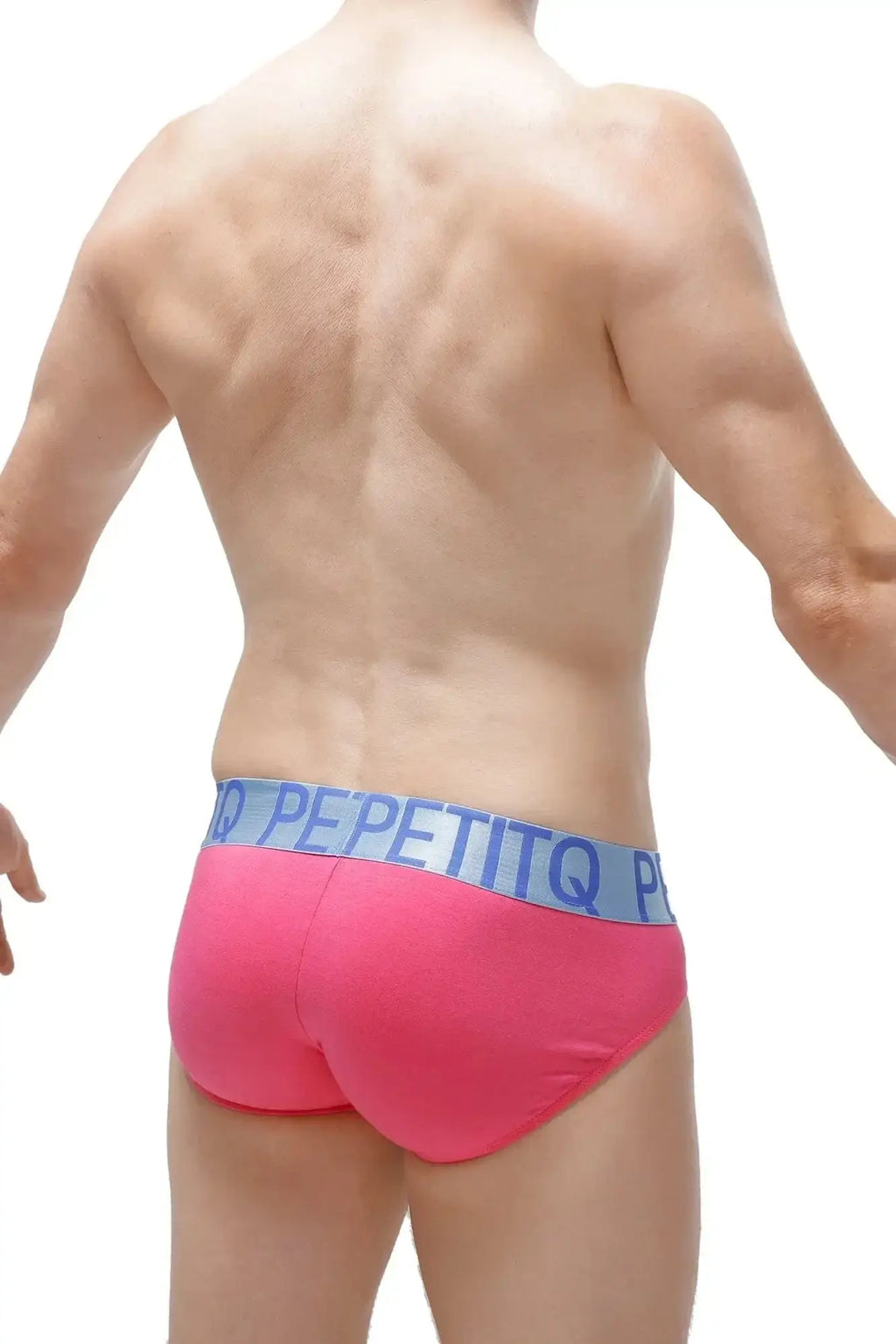 Bright pink petitq brief taik modal fuchsia with light blue elastic waistband and bold pepetitq branding