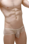 Beige petitq brief toga durtol nude mesh briefs with subtle perforated pattern and small red logo on waistband