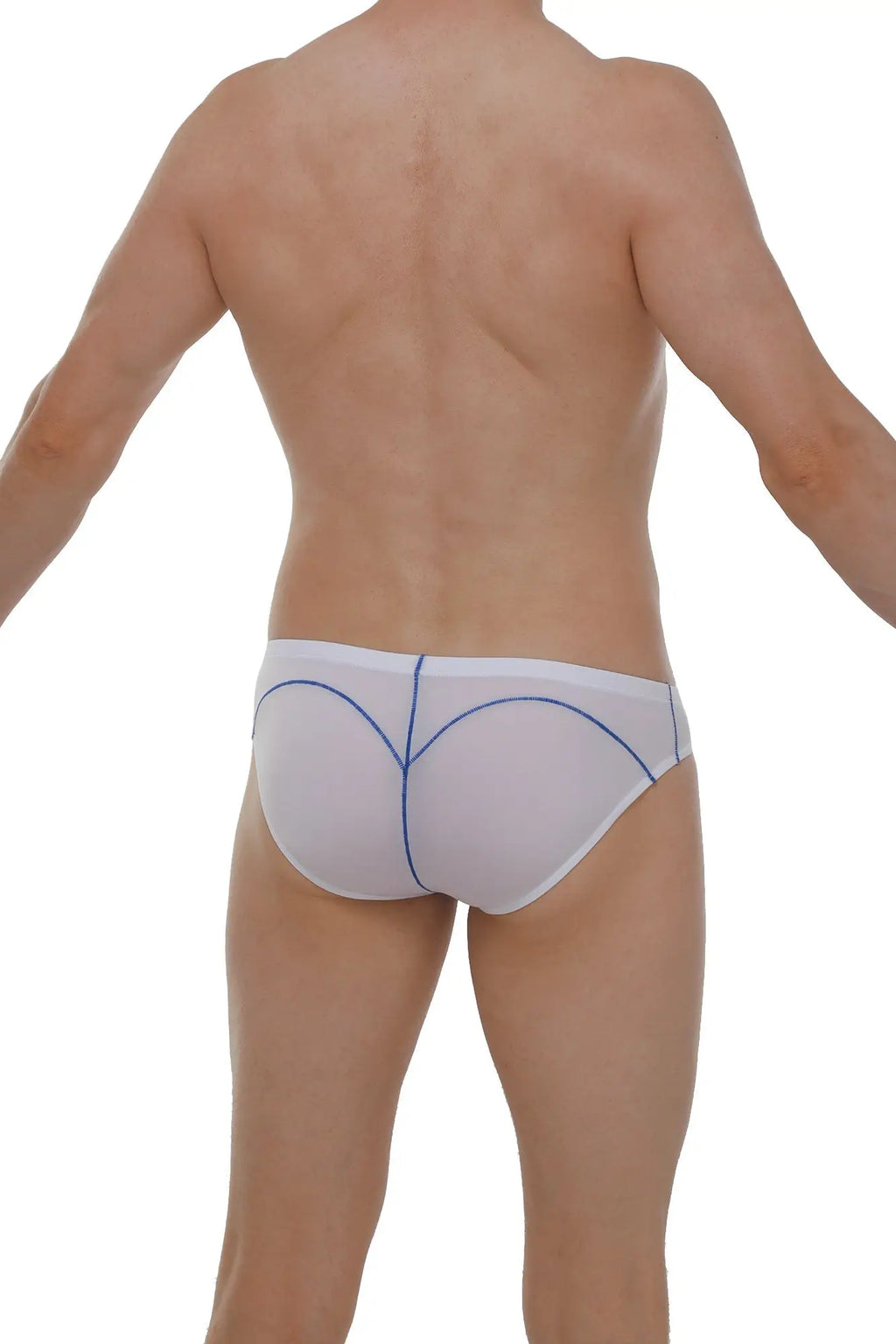 White mesh briefs with blue stitching along the seams from petitq brief upaix plum white collection