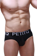 Black petitq men’s briefs with a white logo band featuring comfortable stretch fabric for everyday wear