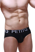 Black petitq men’s briefs with a white logo band featuring comfortable stretch fabric for everyday wear