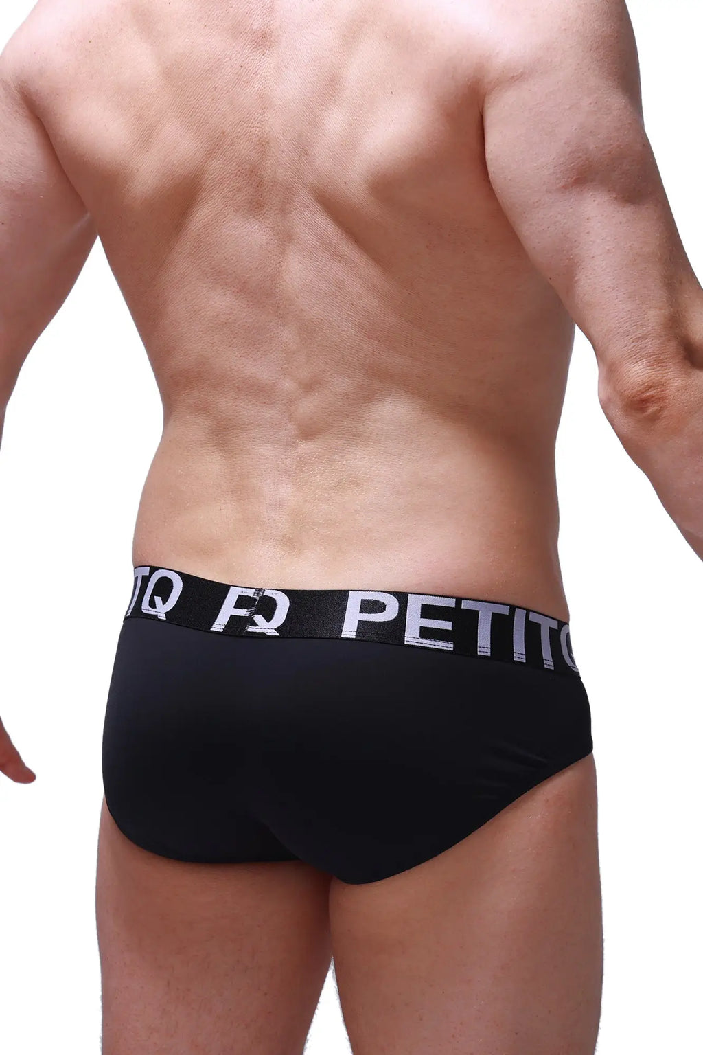 Black petitq briefs with a white logo band featuring comfortable stretch fabric for everyday wear
