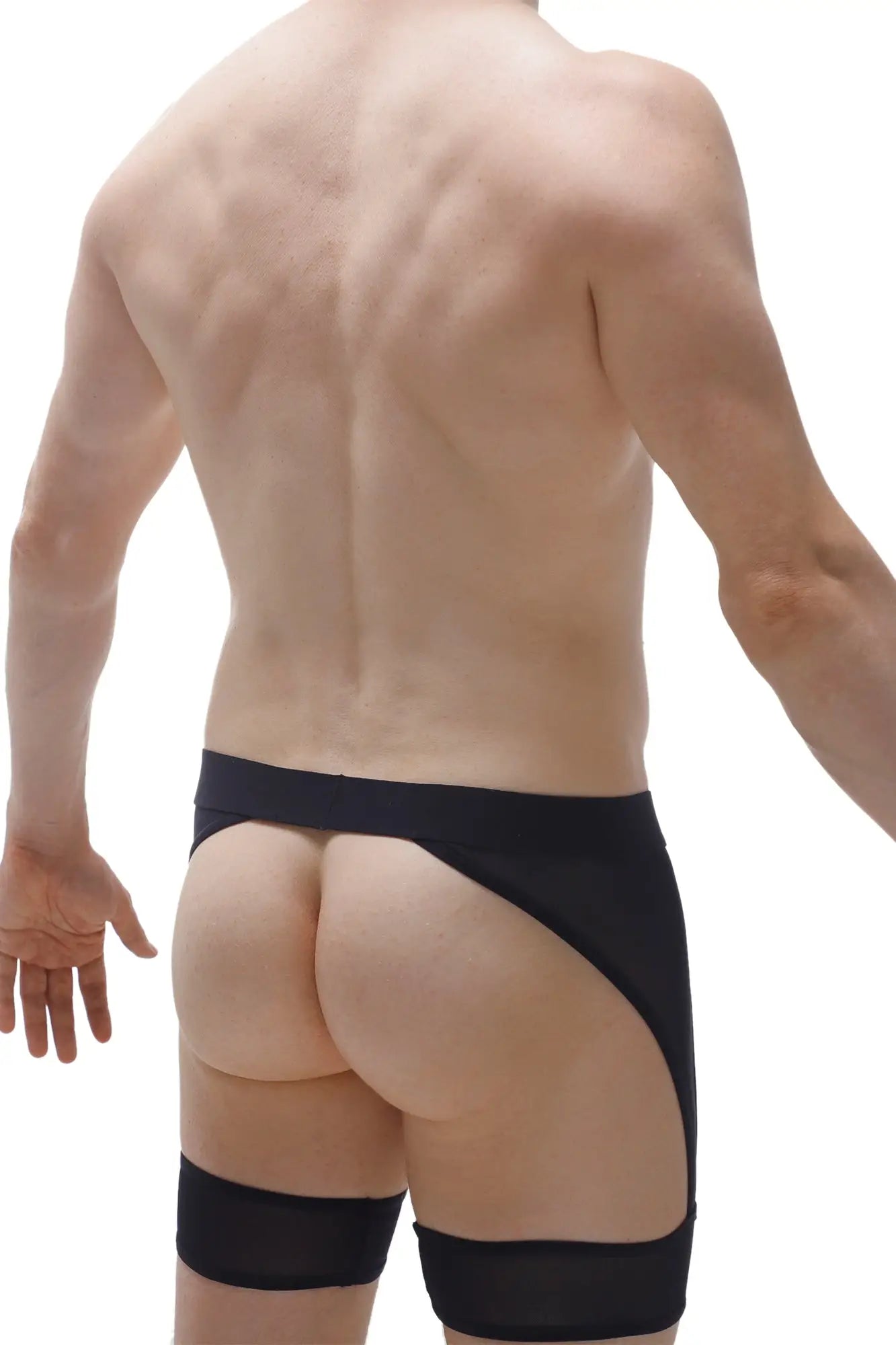 Black athletic briefs with high-waisted design and leg cuffs from PetitQ chaps cockring PetitQ black collection