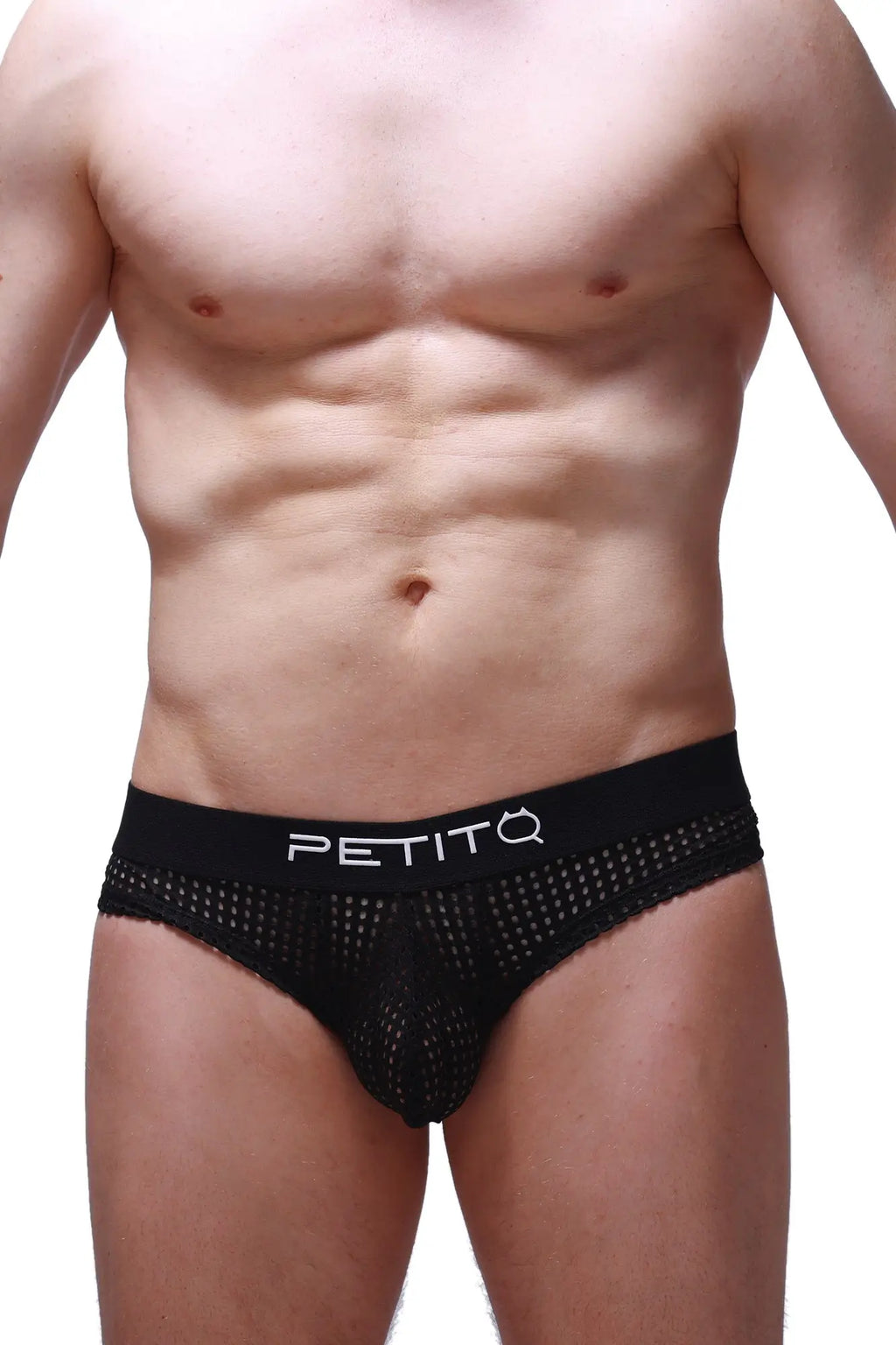 Black mesh petitq cheeky brief with solid waistband featuring white petitq logo in durtol black color