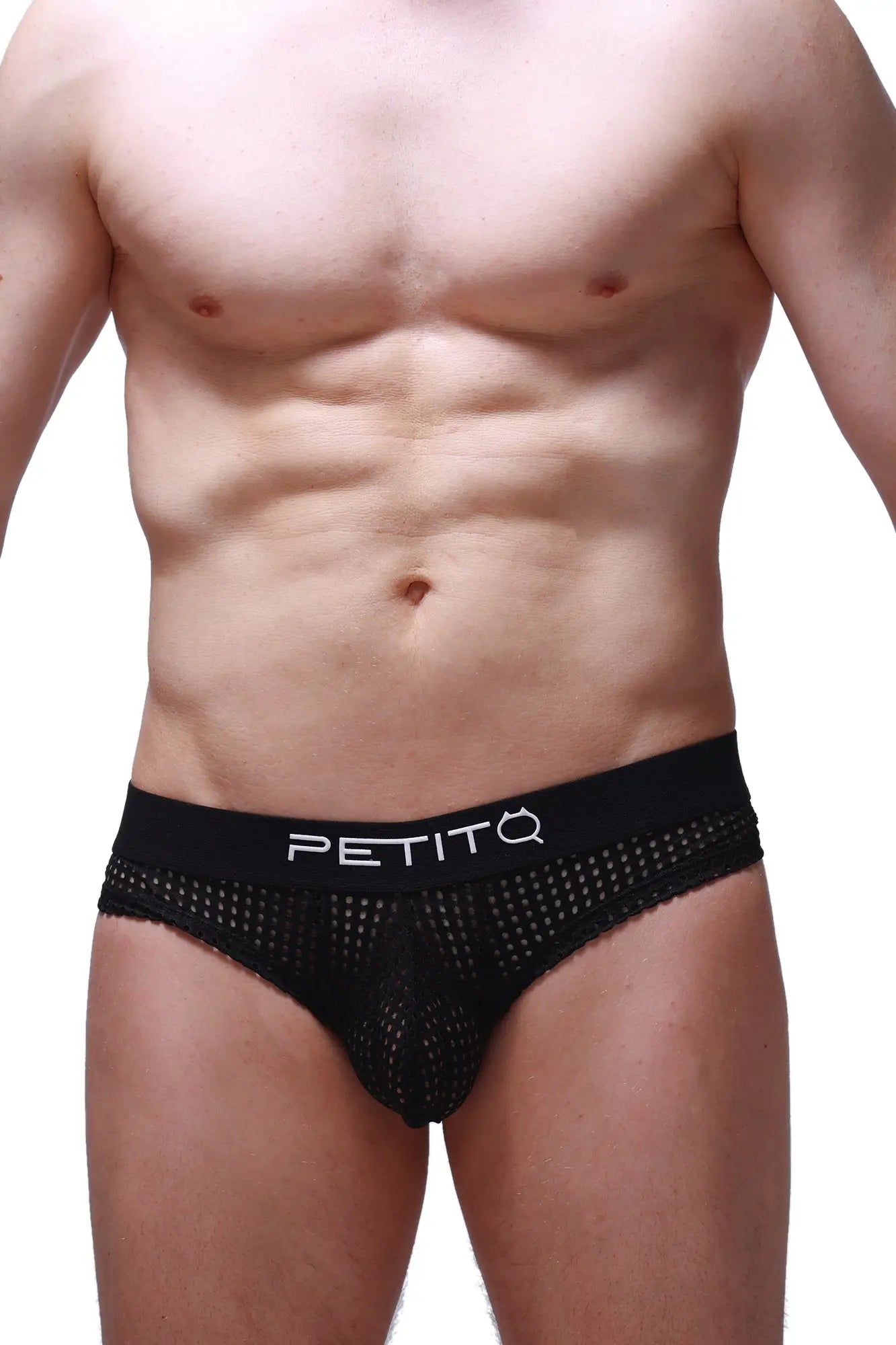 Black mesh petitq cheeky brief with solid waistband featuring white petitq logo in durtol black color