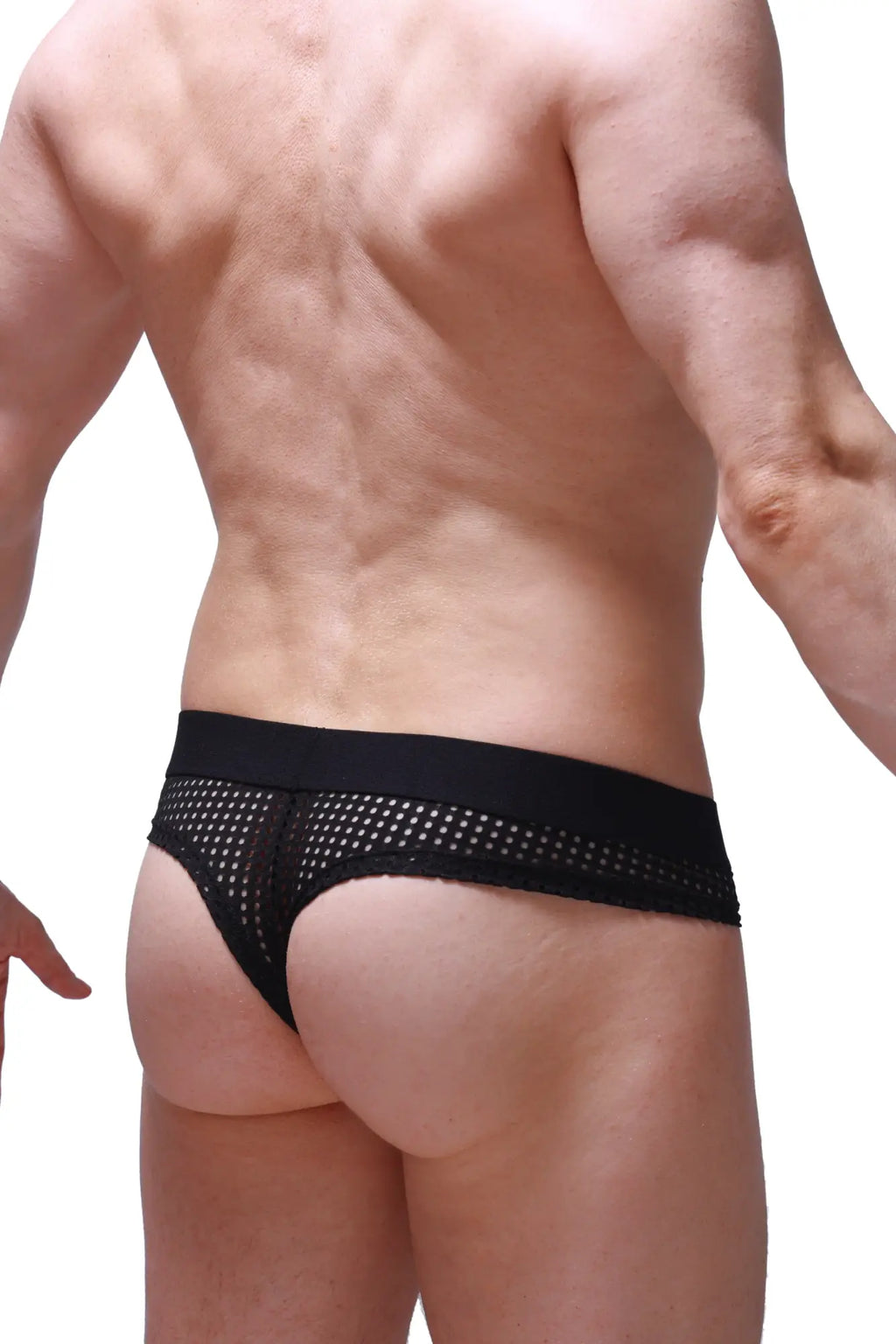 Black mesh petitq cheeky briefs with solid waistband showing front side design and breathable fabric