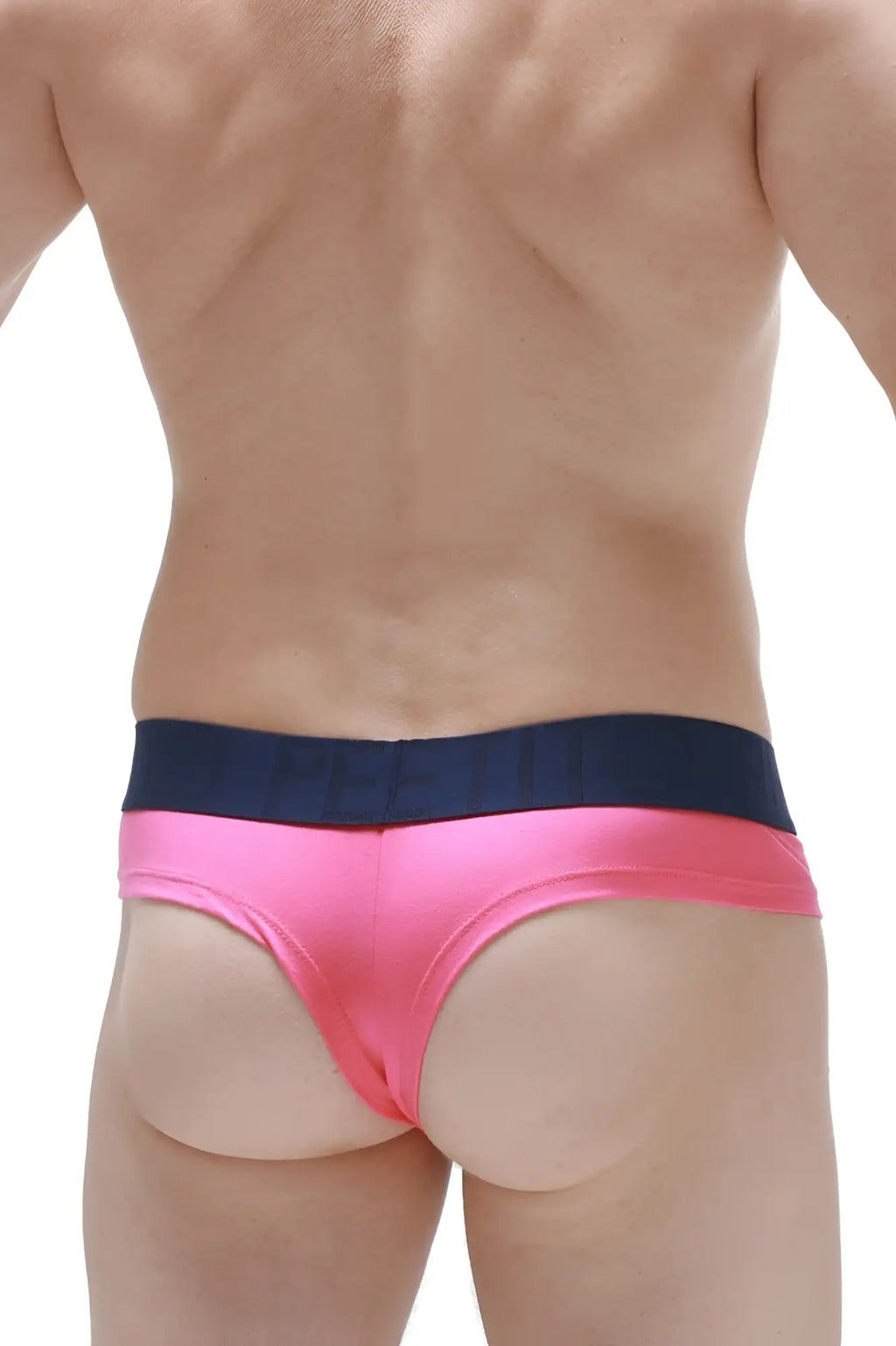 Bright pink satin PetitQ cheeky briefs with contrasting navy blue waistband for comfortable everyday wear