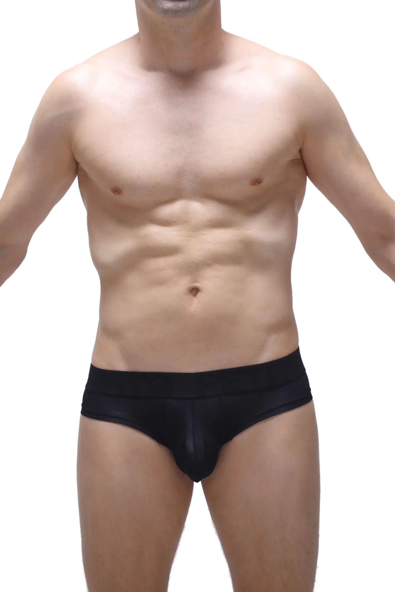 Black petitq cheeky brief voile men’s briefs with a glossy smooth finish in form-fitting design