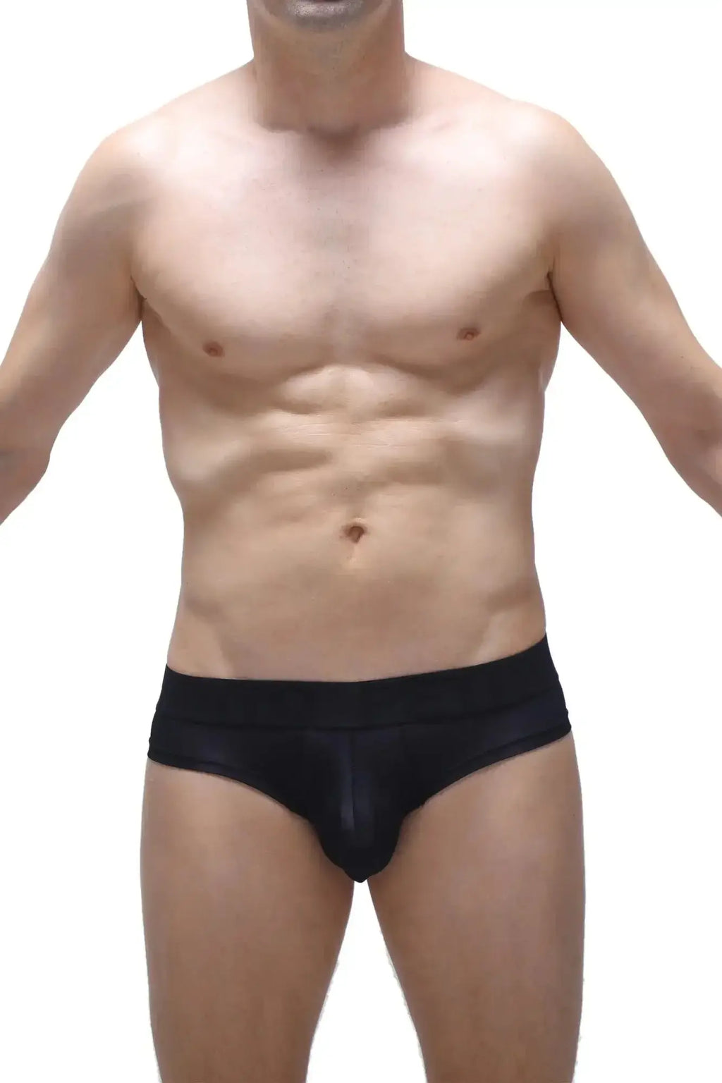 Black petitq cheeky brief voile men’s briefs with a glossy smooth finish in form-fitting design