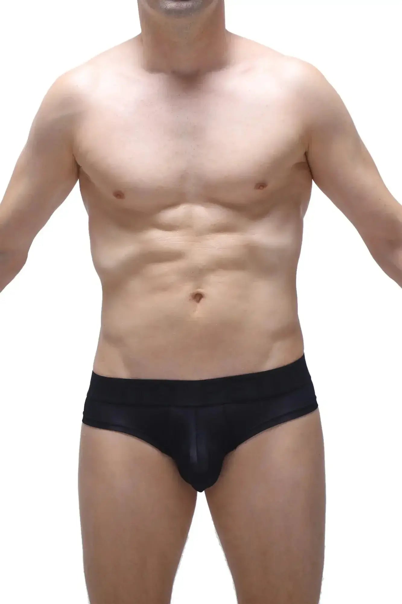 Black petitq cheeky brief voile men’s briefs with a glossy smooth finish in form-fitting design