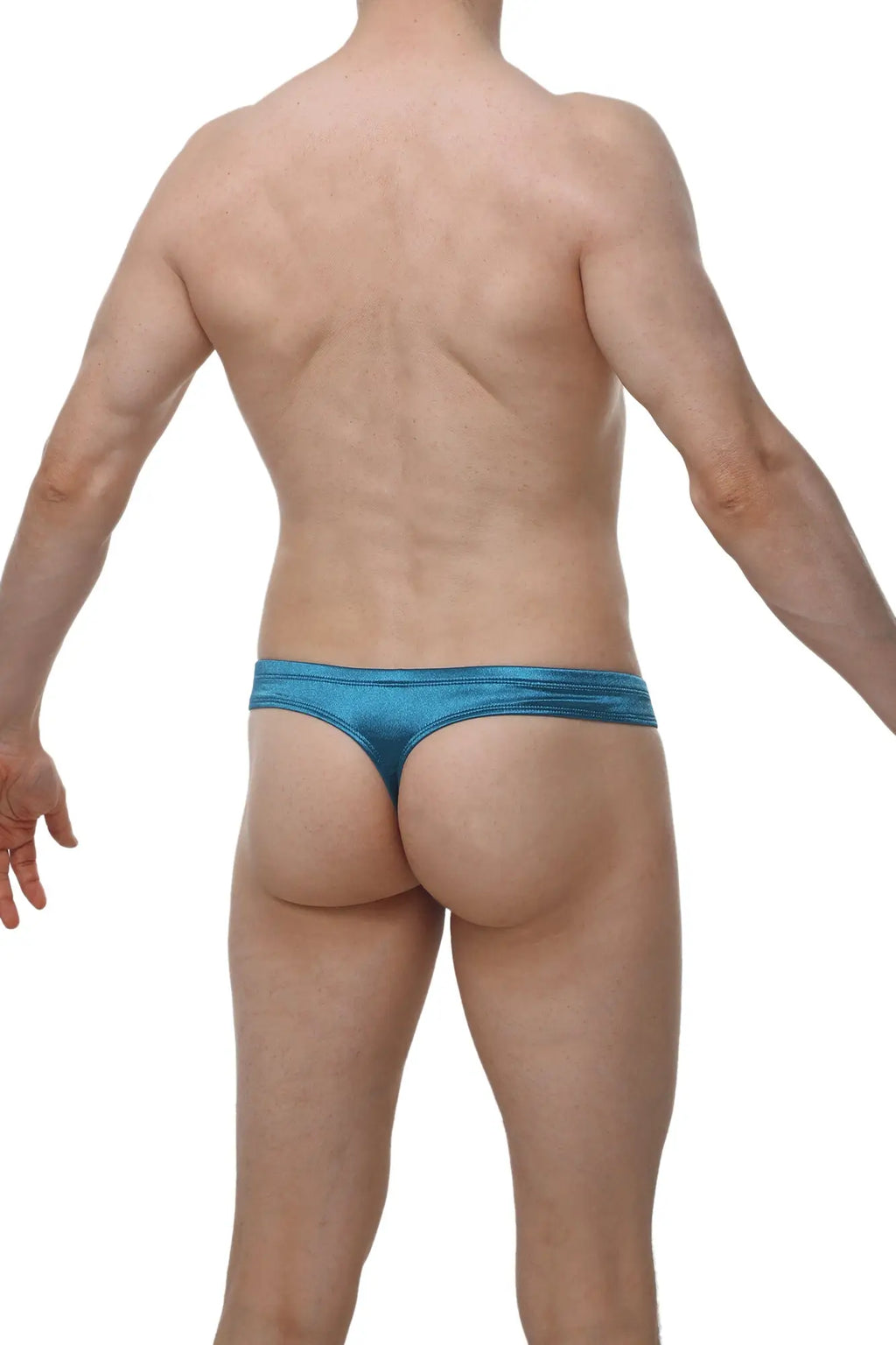 PetitQ cheeky thong satin teal in blue metallic with a sleek shiny finish shown from the back side