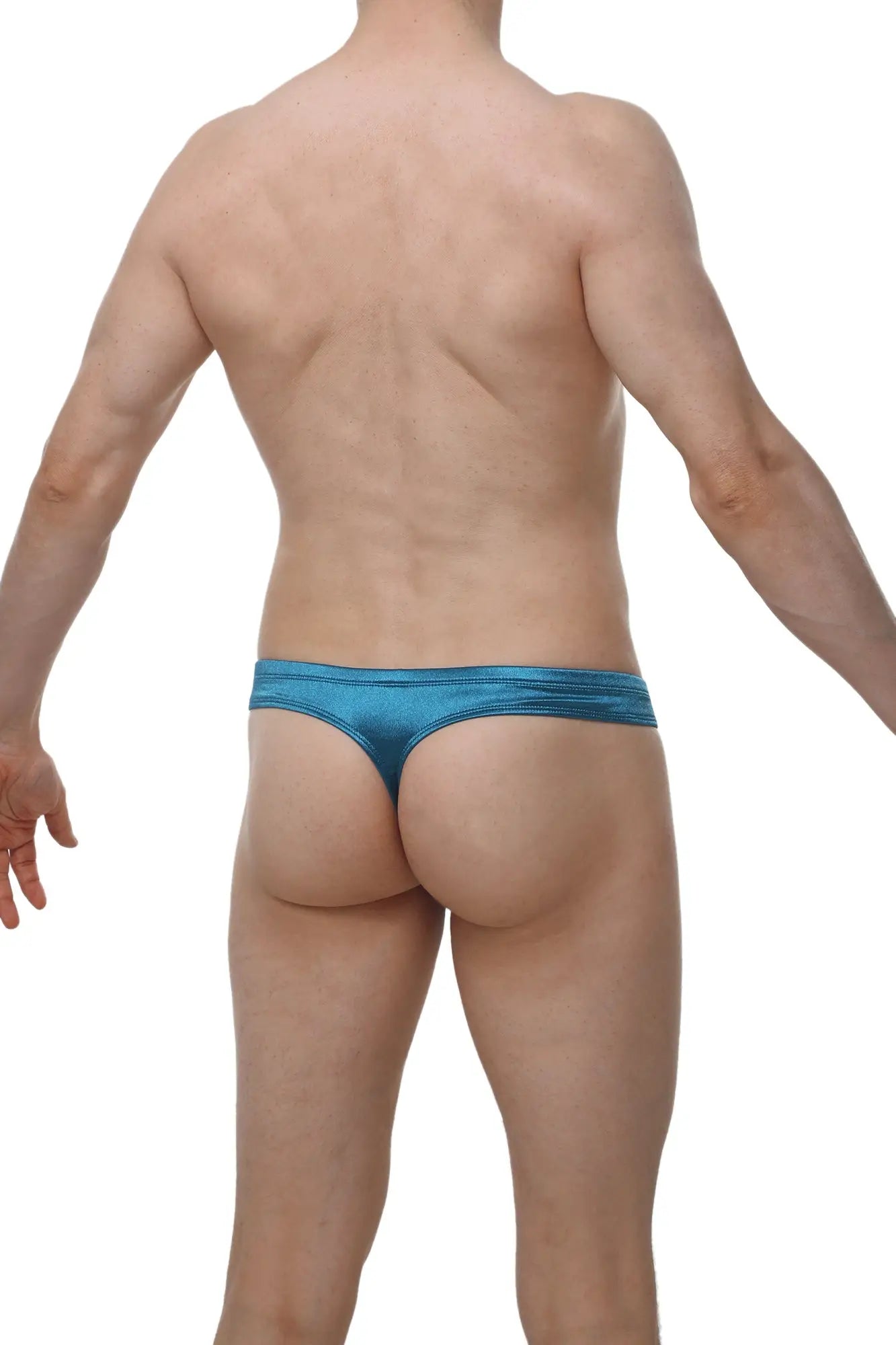 PetitQ cheeky thong satin teal in blue metallic with a sleek shiny finish shown from the back side