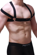 PetitQ chest harness Louens black with adjustable straps and central circular buckle worn over the torso