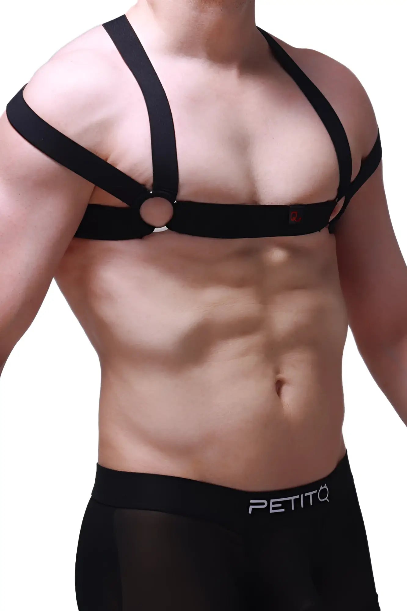PetitQ chest harness Louens black with adjustable straps and central circular buckle worn over the torso