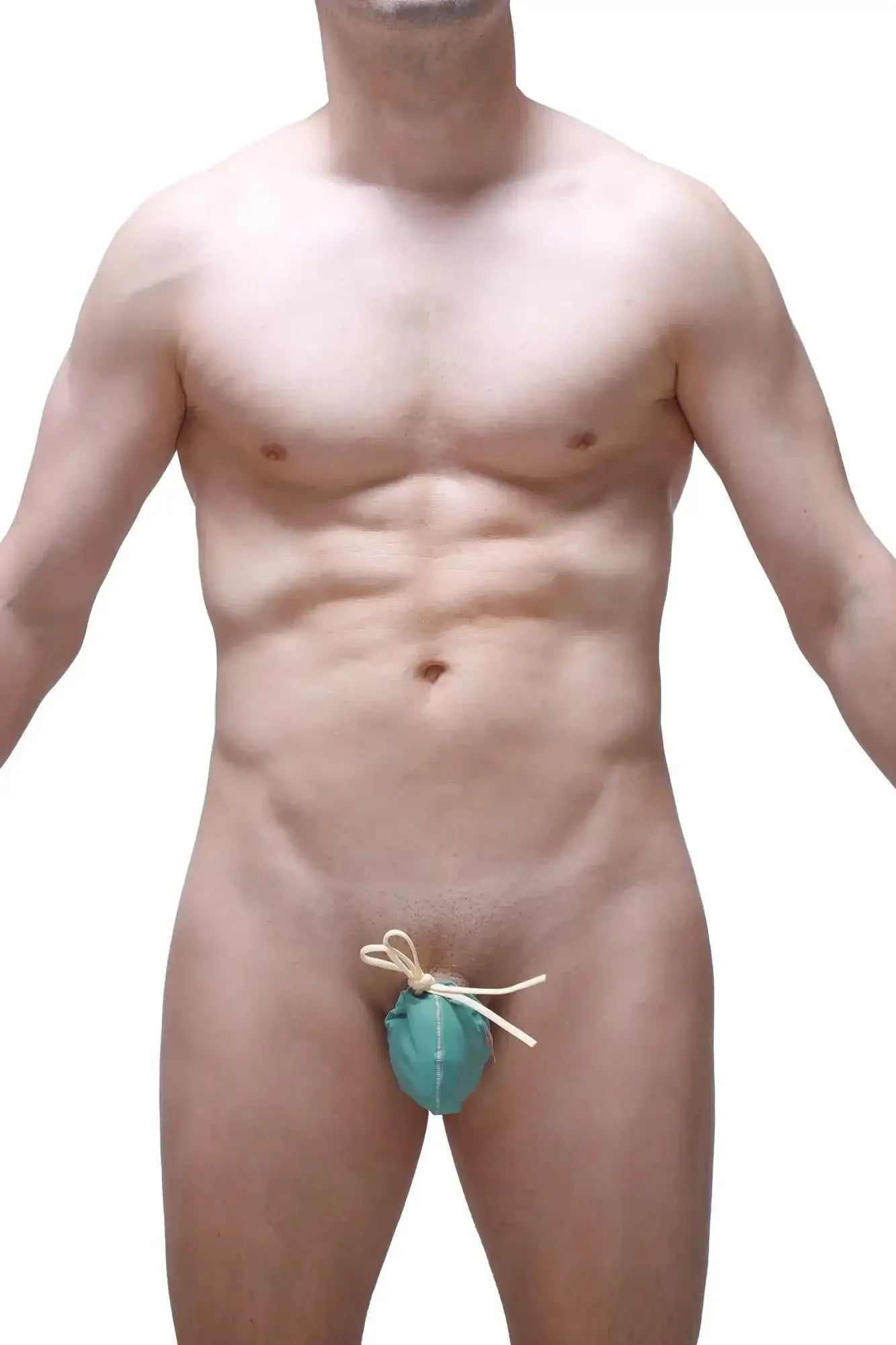 Teal fabric pouch with light-colored drawstring bow by petitq cocksak green for discreet storage