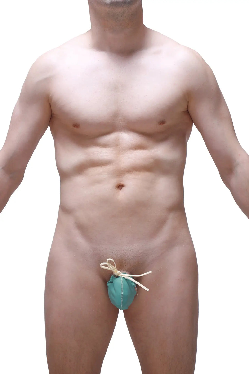 Teal fabric pouch with light-colored drawstring bow by petitq cocksak green for discreet storage