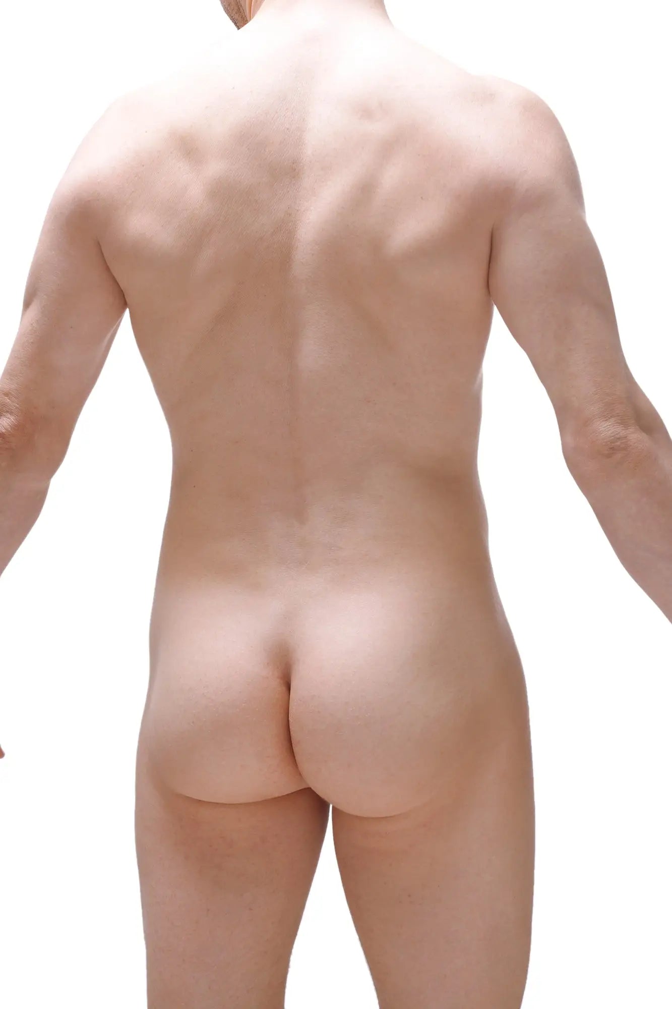 Muscular male back showing the back side of petitq cocksak lace black with defined shoulder blades and toned physique