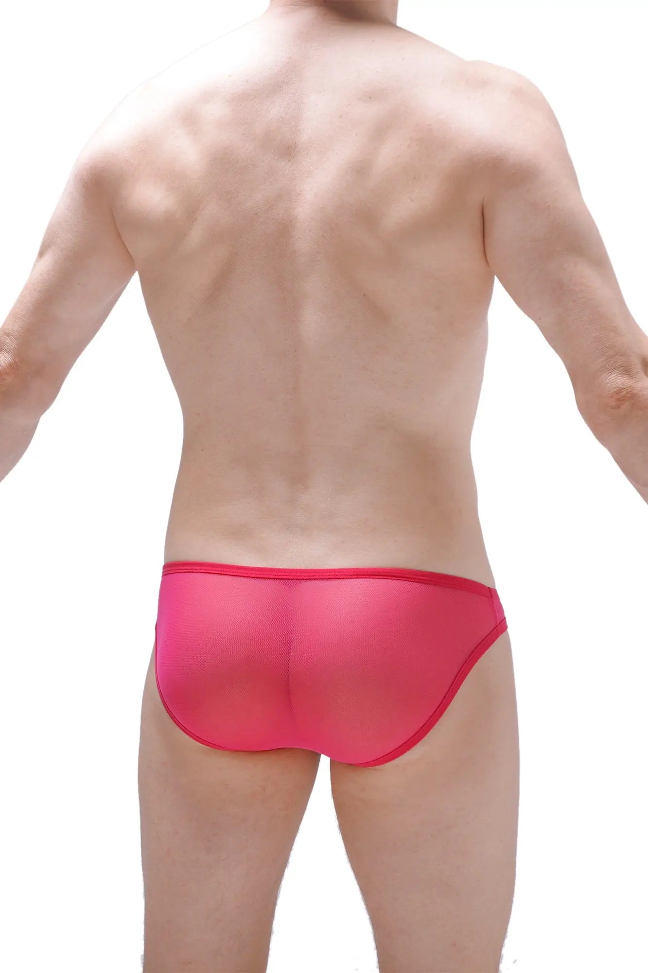 PetitQ crotchless bikini net fuchsia bright pink sheer mesh briefs with solid red waistband front view