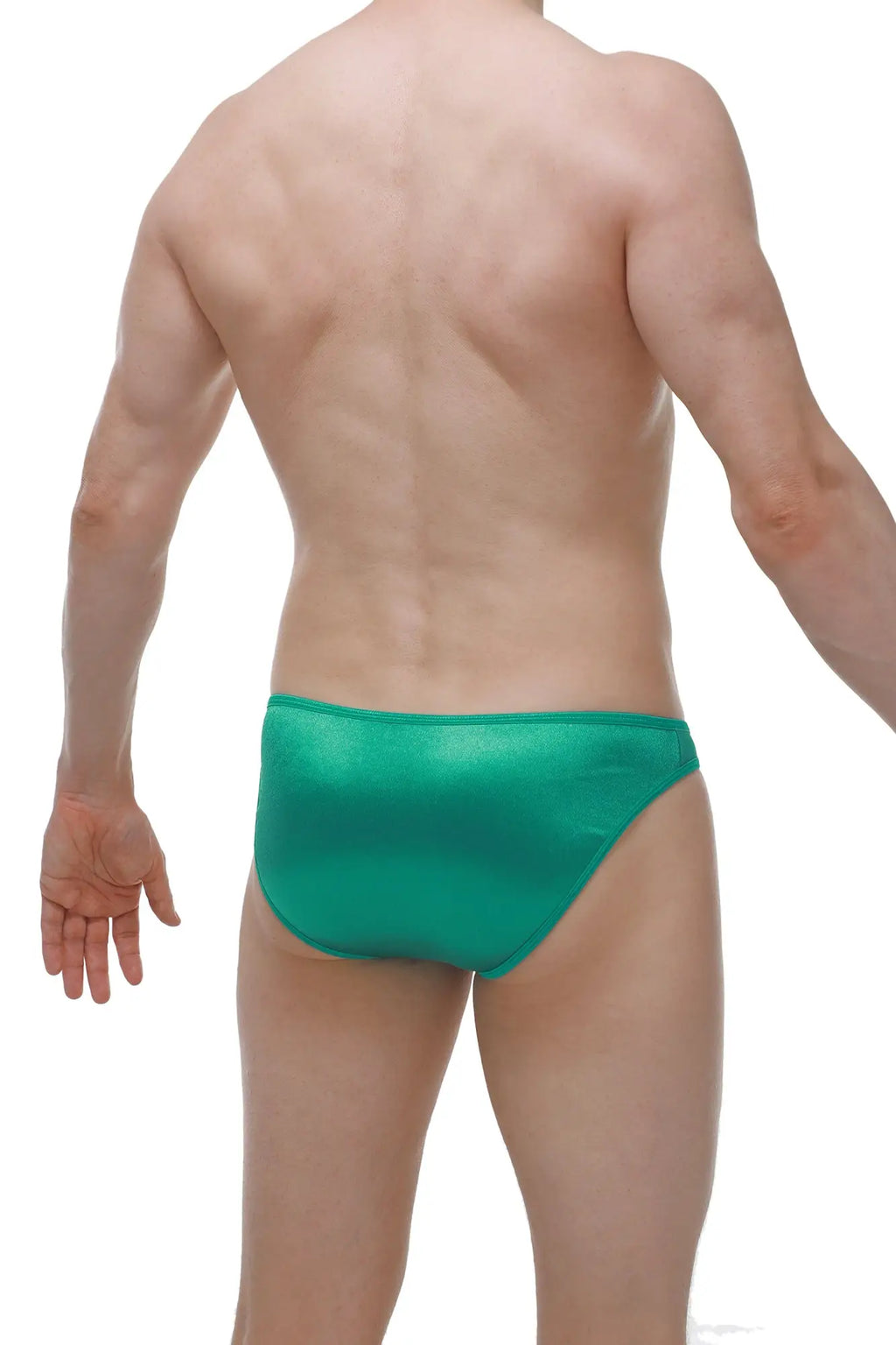 A sleek emerald green satin brief with a smooth glossy finish from petitq crotchless bikini satin green collection