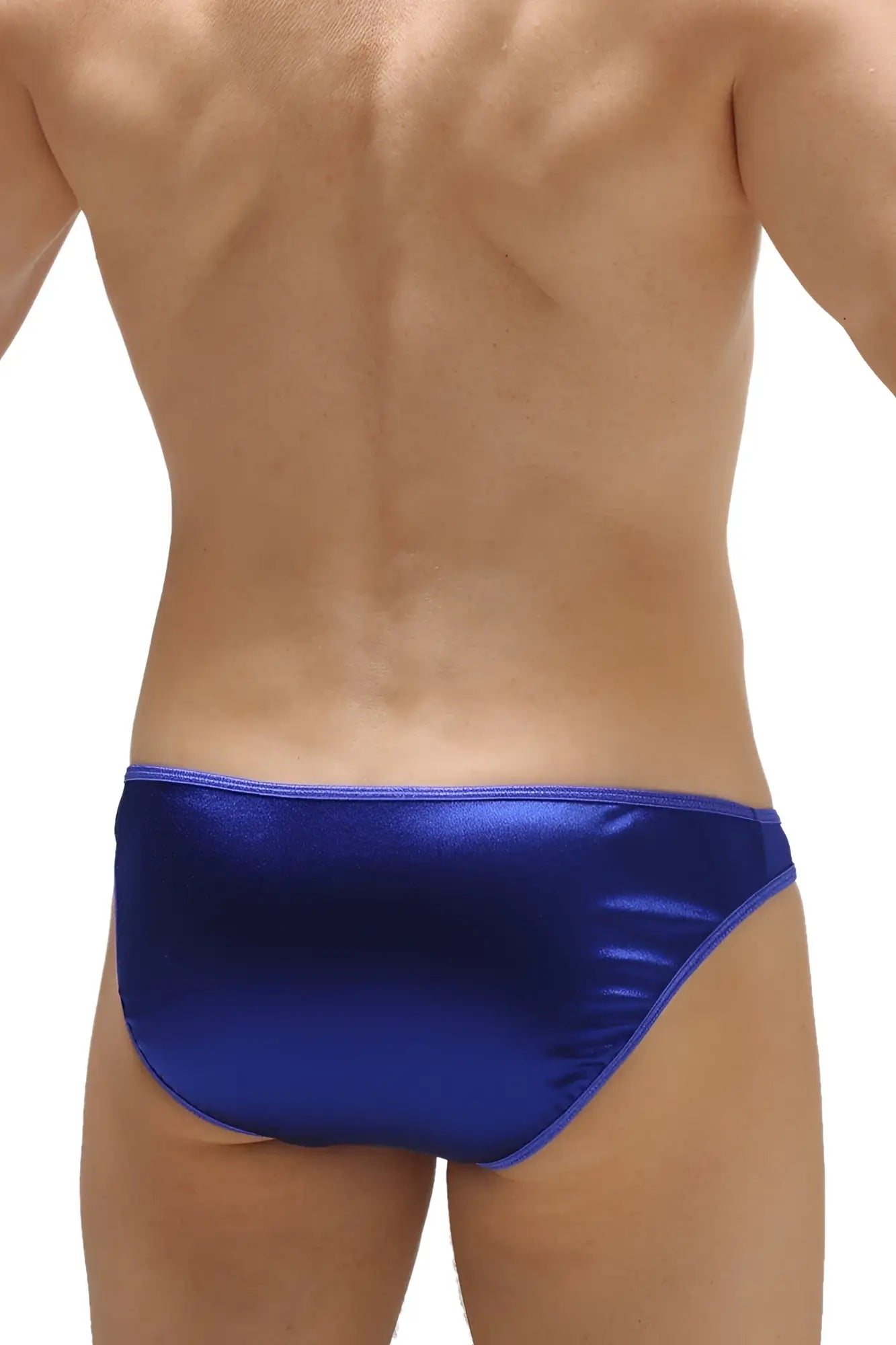 Shiny royal blue satin crotchless bikini briefs by petitq in sapphire color shown from the back side