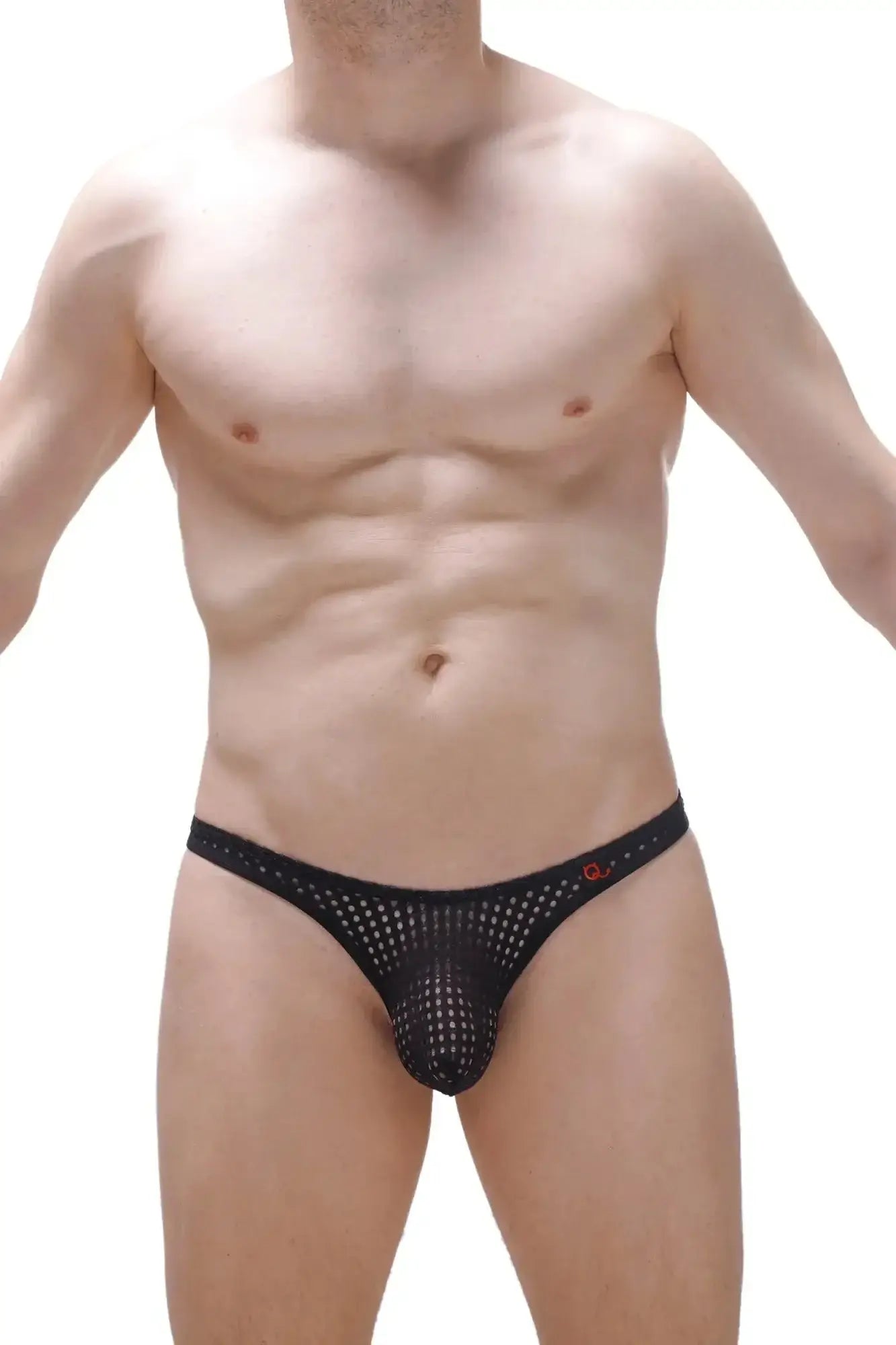 Black mesh thong petitq g-string anost durtol black with subtle red logo on the waistband