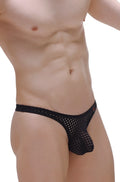 PetitQ G-String Anost Durtol black black mesh thong with a subtle red logo on the waistband front side view